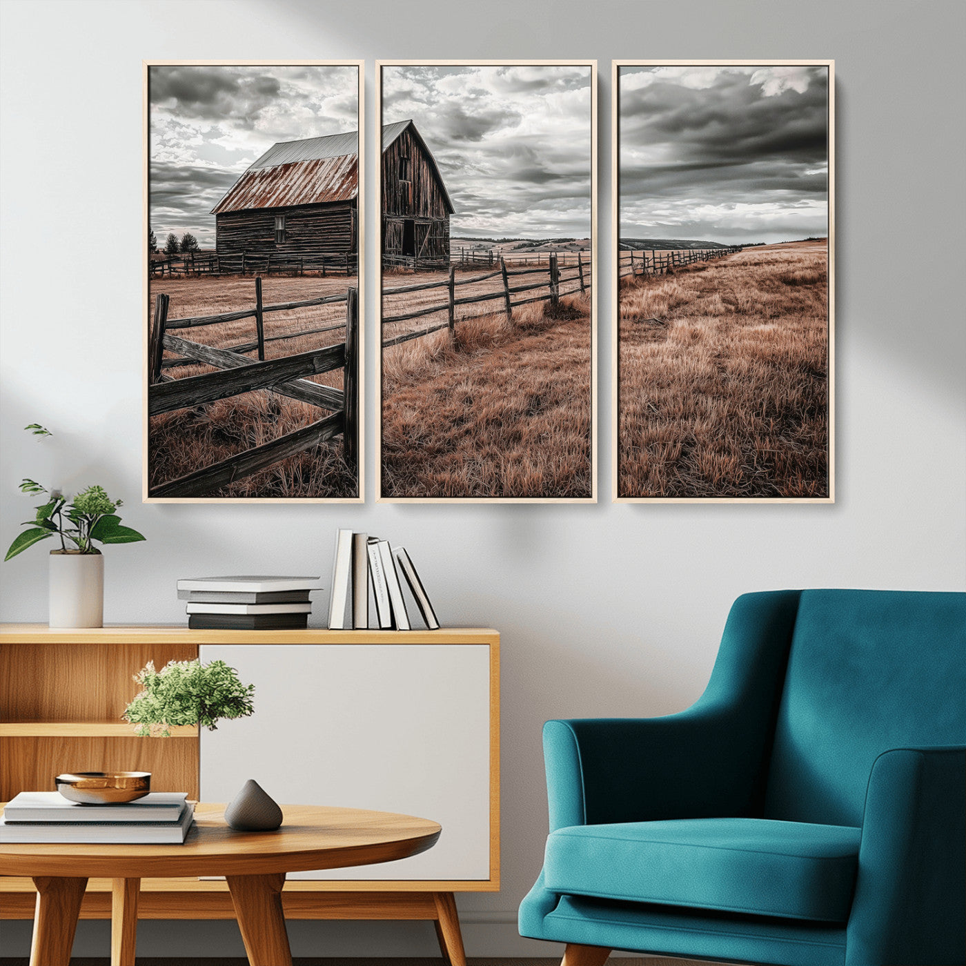 73898372-MGV-CV-36X24-Rustic Barn Wall Art Canvas Print, Framed Moody Field Art Picture Print, Weathered Fence Perfect Moody Farmhouse Decor Artwork