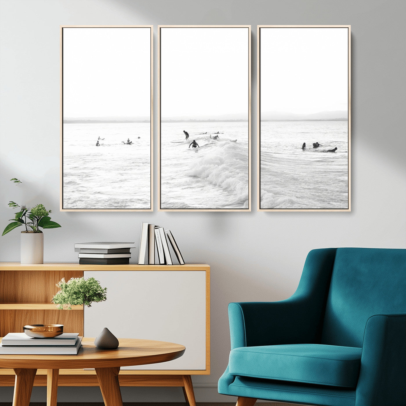33449548-MGV-CV-36X24-Group Surfers Wall Art Canvas Print, Framed Ocean Wave Art Picture Print, Surf Crowd Perfect Monochrome Surf Decor Artwork
