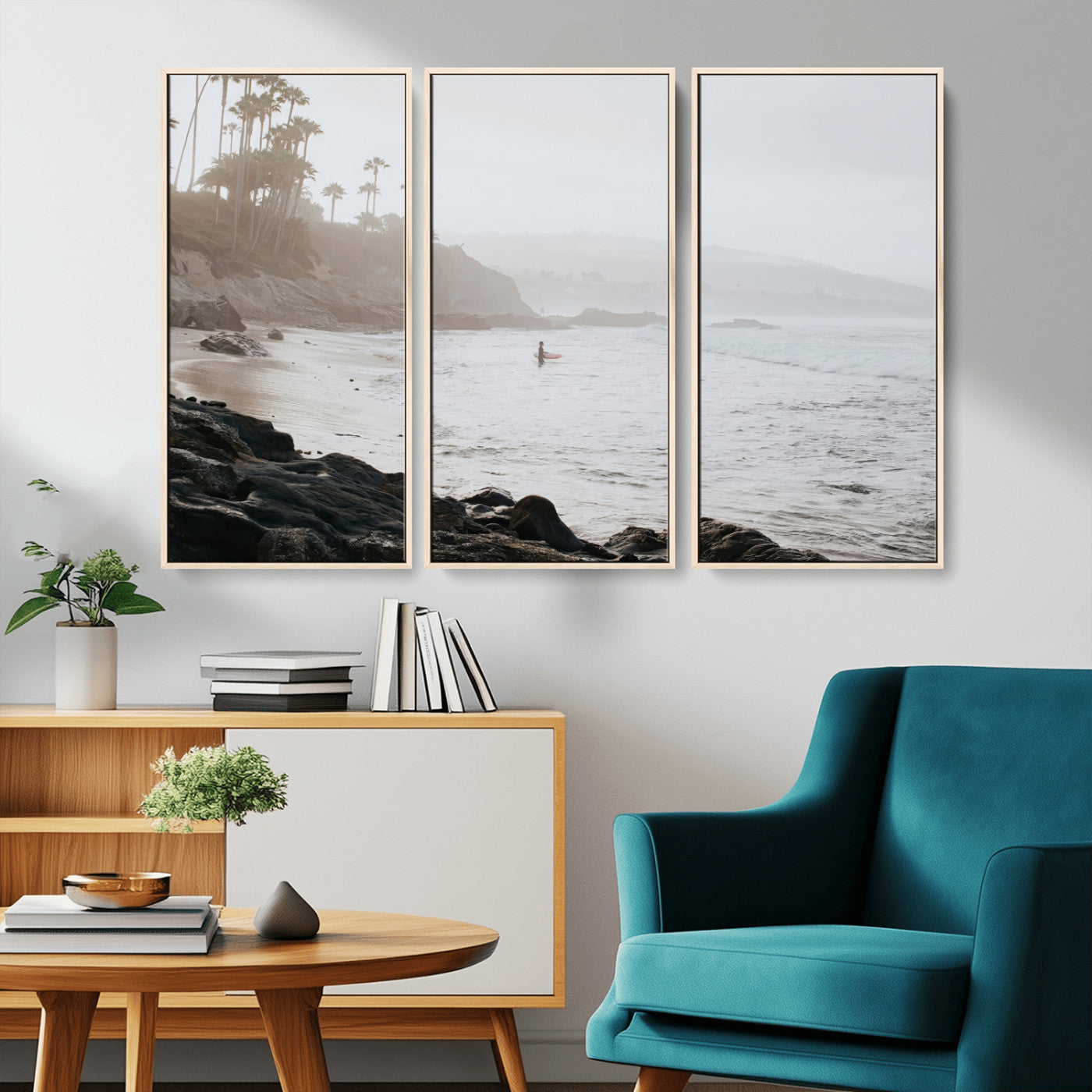 62501405-MGV-CV-36X24-Misty Beach Wall Art Canvas Print, Framed California Surfer Art Picture Print, Coastal Cliff Perfect Coastal Beach Decor Artwork