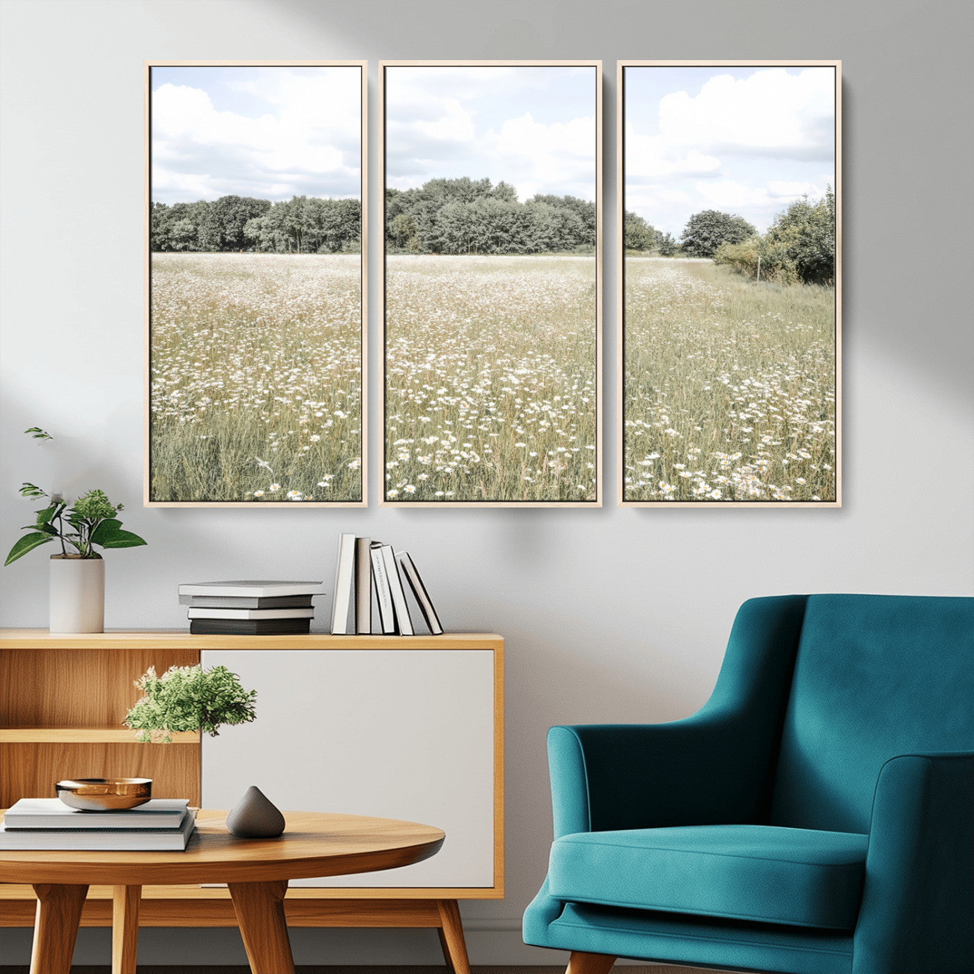 43258946-MGV-FC-48X32-3P_Natural-Daisy Field Wall Art Canvas Print, Framed Pastel Flower Art Picture Print, Meadow Bloom Perfect Scandinavian Minimalist Decor