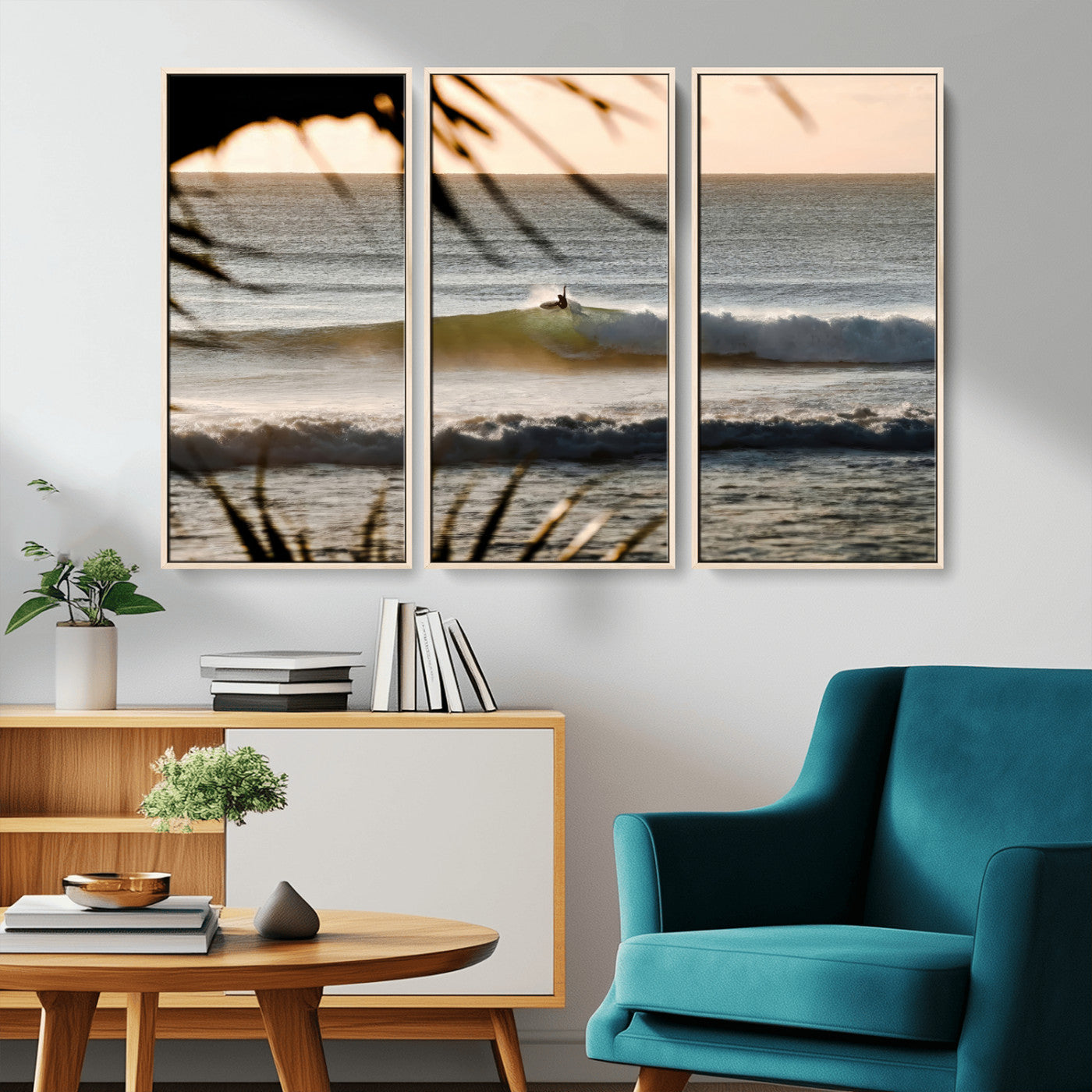 24896468-MGV-CV-36X24-Sunset Surf Wall Art Canvas Print, Framed Golden Waves Art Picture Print, Tropical Ocean Perfect Tropical Boho Decor Artwork