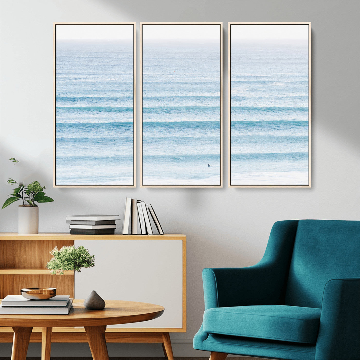 77145995-MGV-CV-36X24-Ocean Simplicity Wall Art Canvas Print, Framed Surfer on Water Art Picture Print, Light Blue Perfect Coastal Minimalist Decor