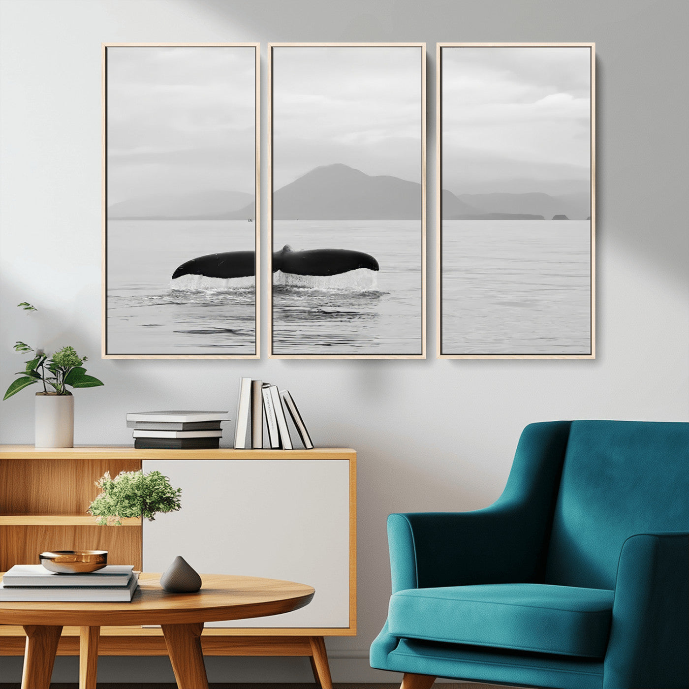 30524220-MGV-CV-36X24-Whale Tail Wall Art Canvas Print, Framed Black White Ocean Art Picture Print, Calm Marine Perfect Minimalist Coastal Decor Artwork