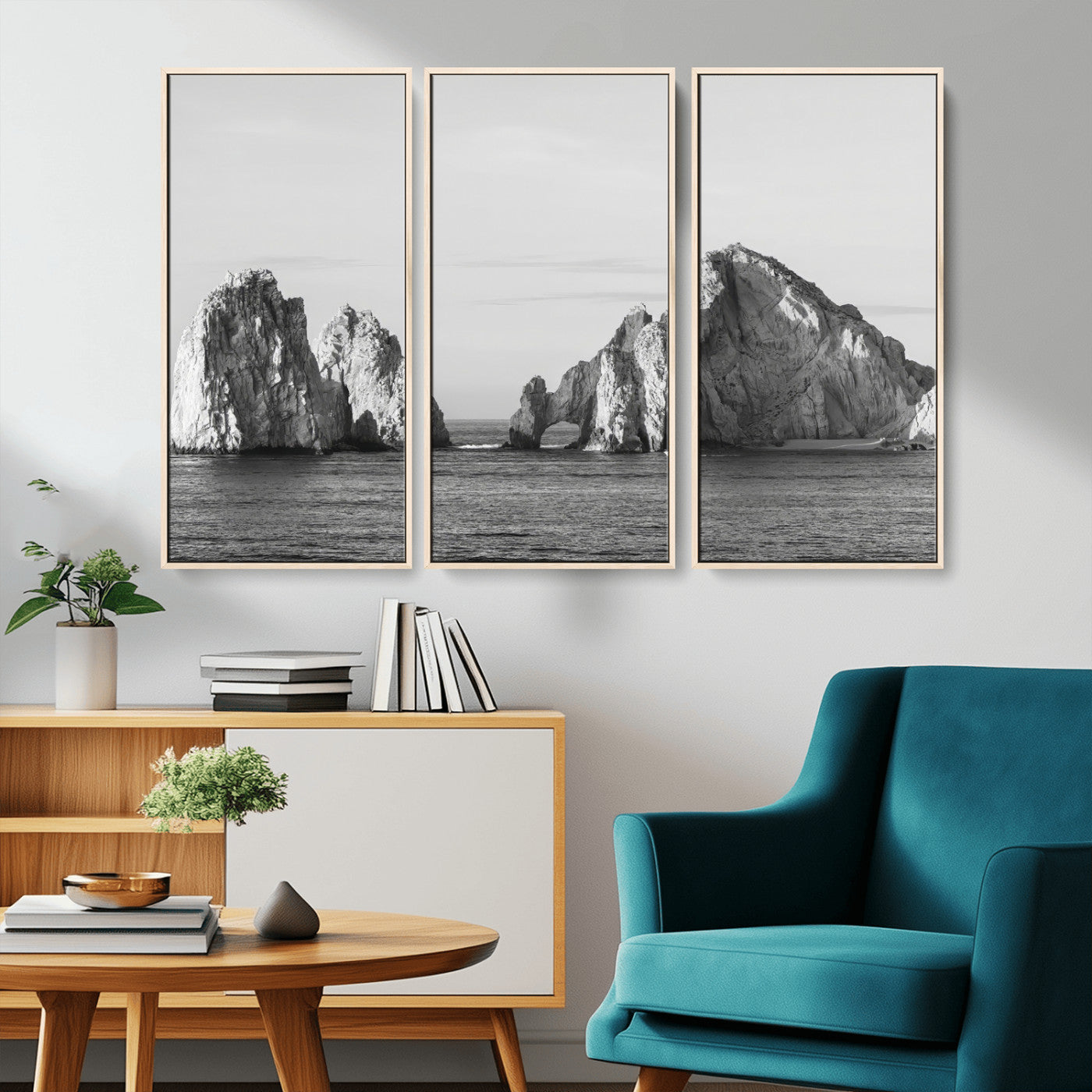 18810731-MGV-CV-36X24-Rugged Coastline Wall Art Canvas Print, Framed Ocean Cliffs Art Picture Print, Monochrome Seascape Perfect Coastal Minimalist