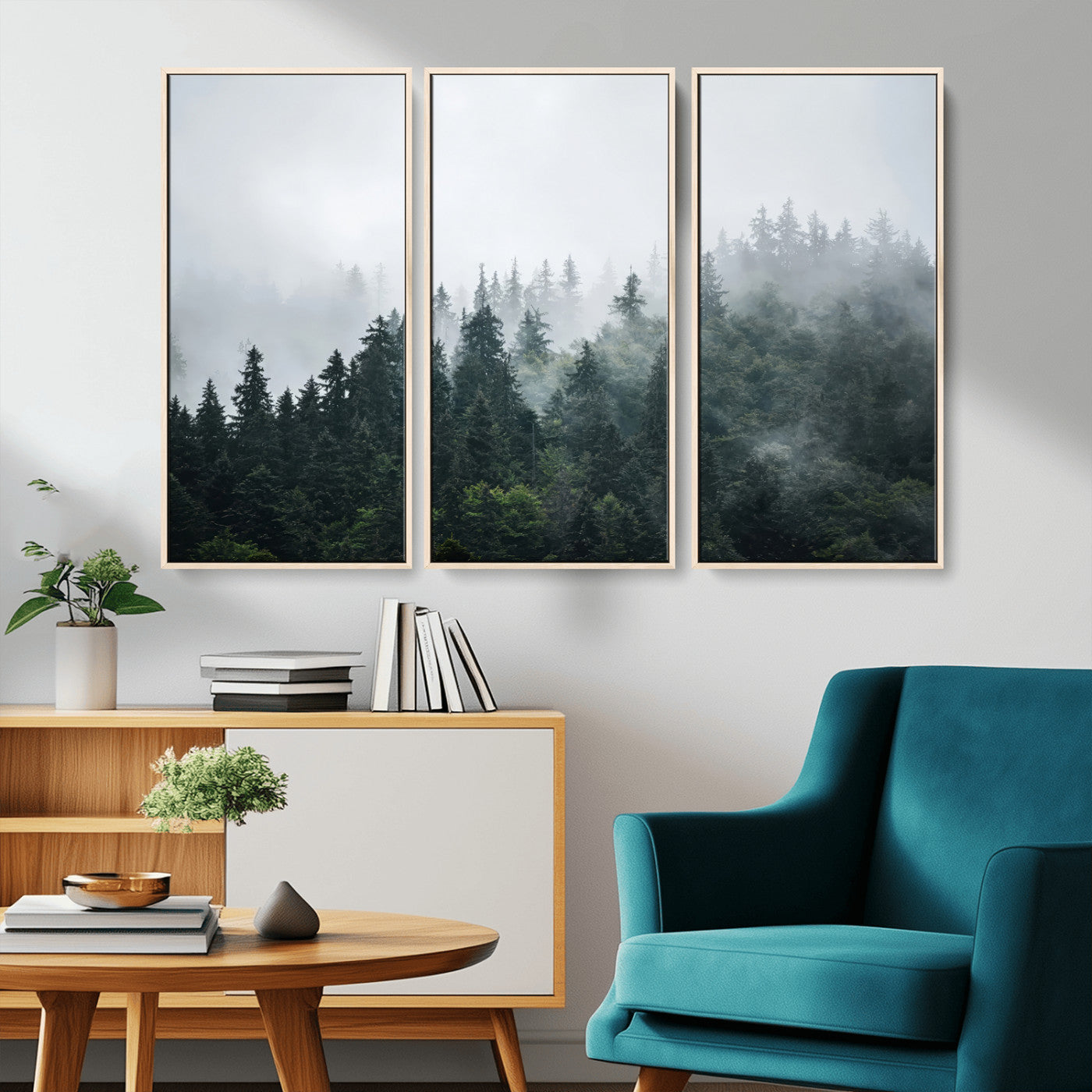 84146572-MGV-CV-36X24-Foggy Pine Trees Wall Art Canvas Print, Framed Forest Nature Art Picture Print, Evergreen Forest Perfect Scandinavian Minimalist
