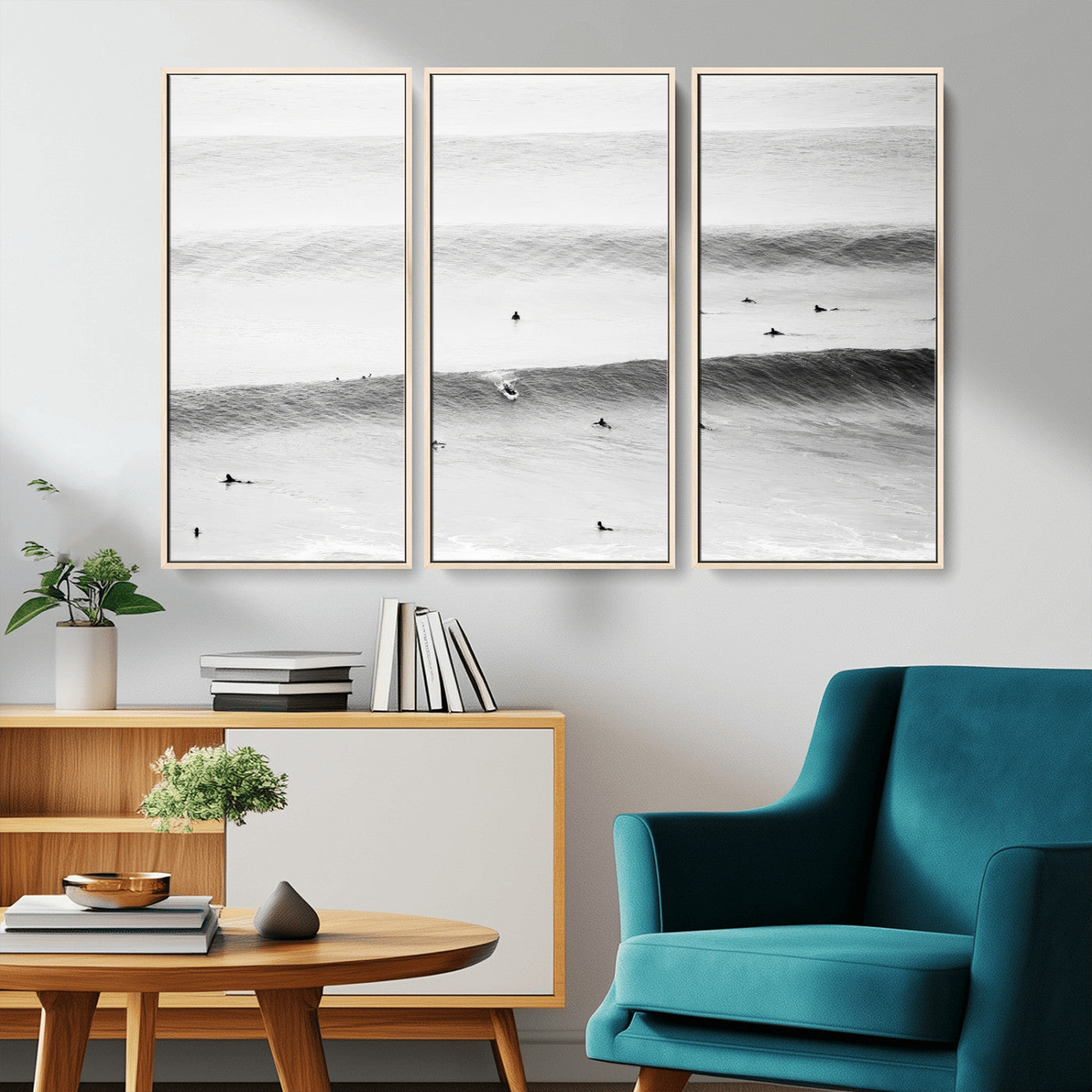 54291445-MGV-FC-48X32-3P_Natural-Black White Ocean Wall Art Canvas Print, Framed Coastal Sport Art Picture Print, Ocean Culture Perfect Minimalist Coastal Decor