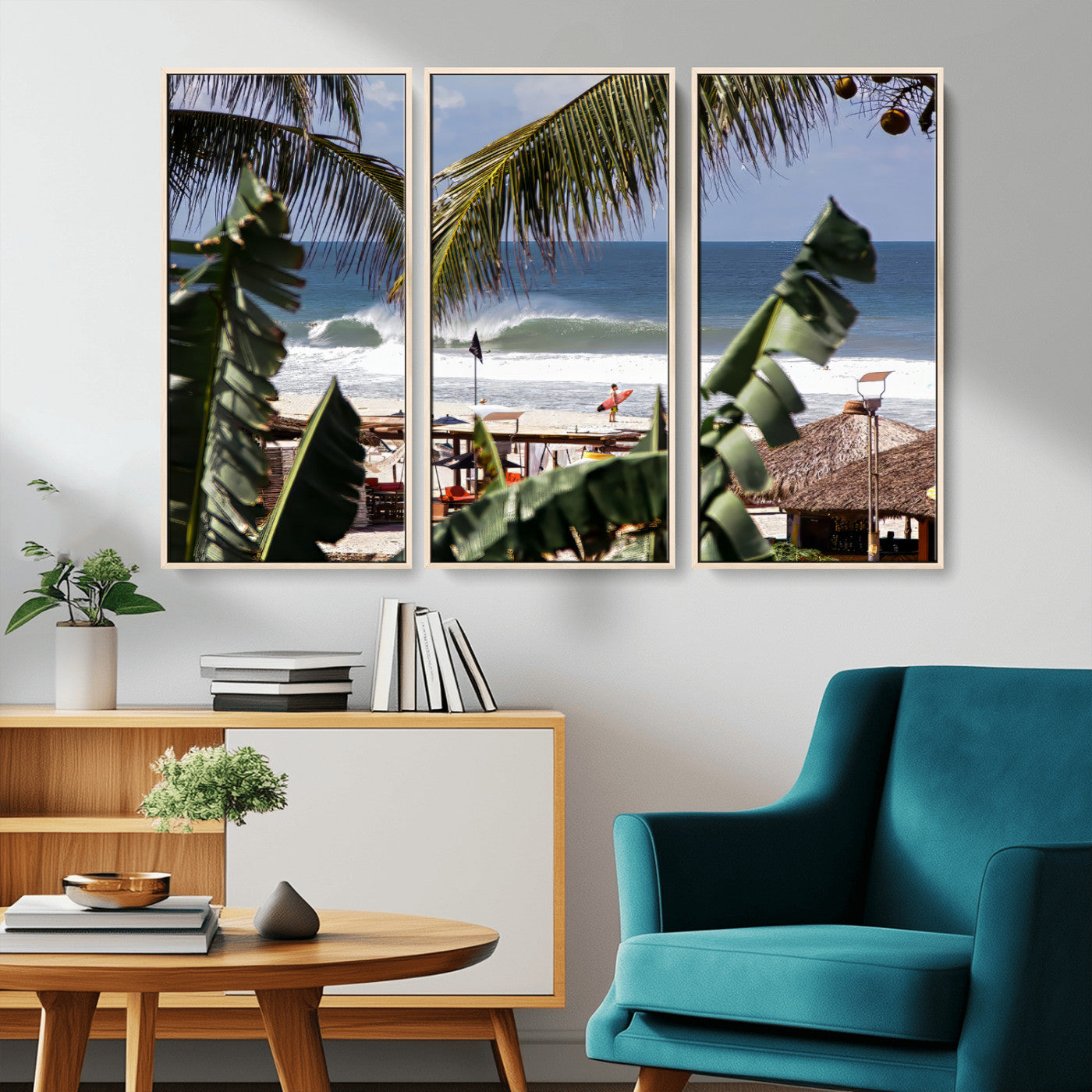 34722557-MGV-CV-36X24-Tropical Shoreline Wall Art Canvas Print, Framed Surfer Beach Art Picture Print, Coastal Surf Perfect Tropical Coastal Decor