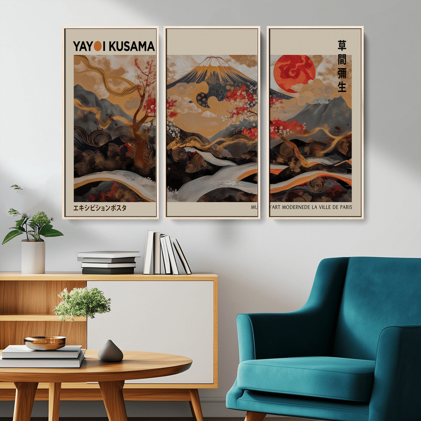 77970791-MGV-CV-36X24-Mount Fuji Golden Abstract Wall Art – Japanese Landscape Canvas Poster, Cherry Blossom & Red Sun Painting, Elegant Zen Oriental