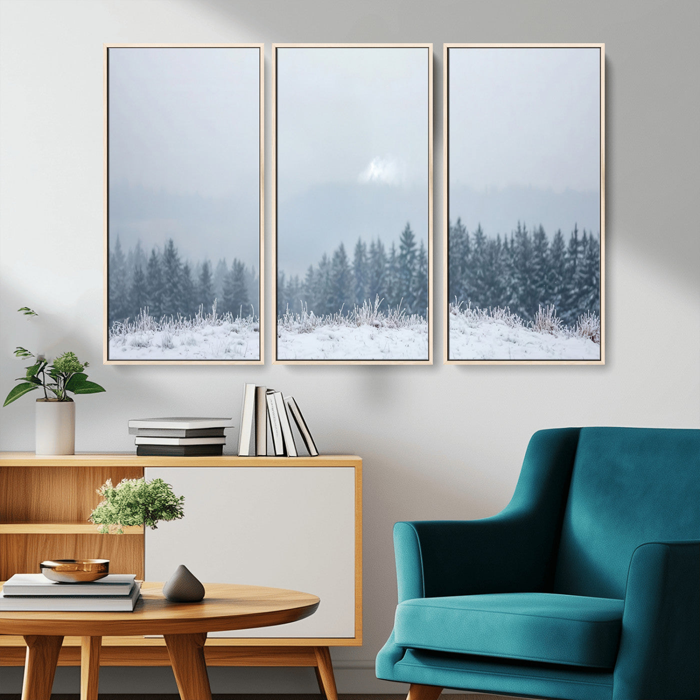 33033082-MGV-CV-36X24-Winter Forest Art Wall Art Canvas Print, Framed Snowy Landscape Art Picture Print, Misty Tree Scene Perfect Nordic Minimalist