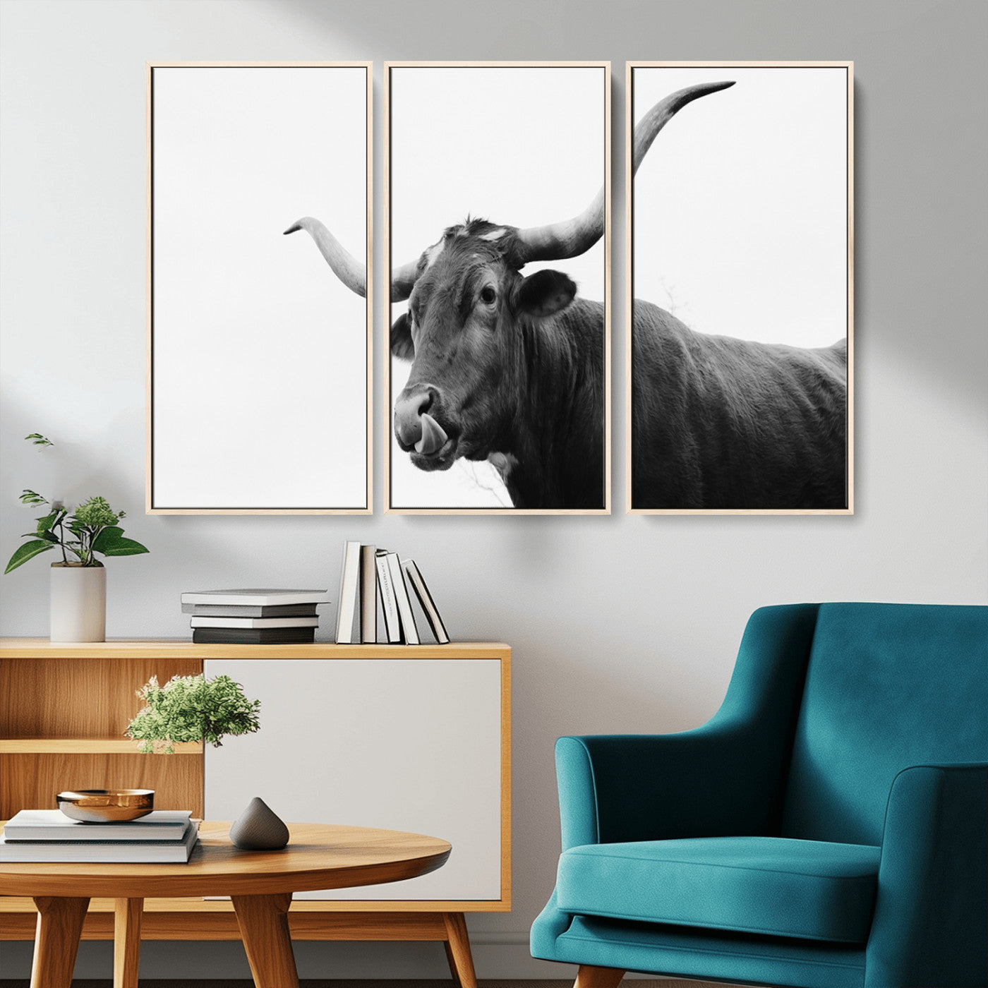 99244177-MGV-CV-36X24-Longhorn Photography Wall Art Canvas Print, Framed Western Cow Decor Art Picture Print, Black White Bull Perfect Modern Rustic