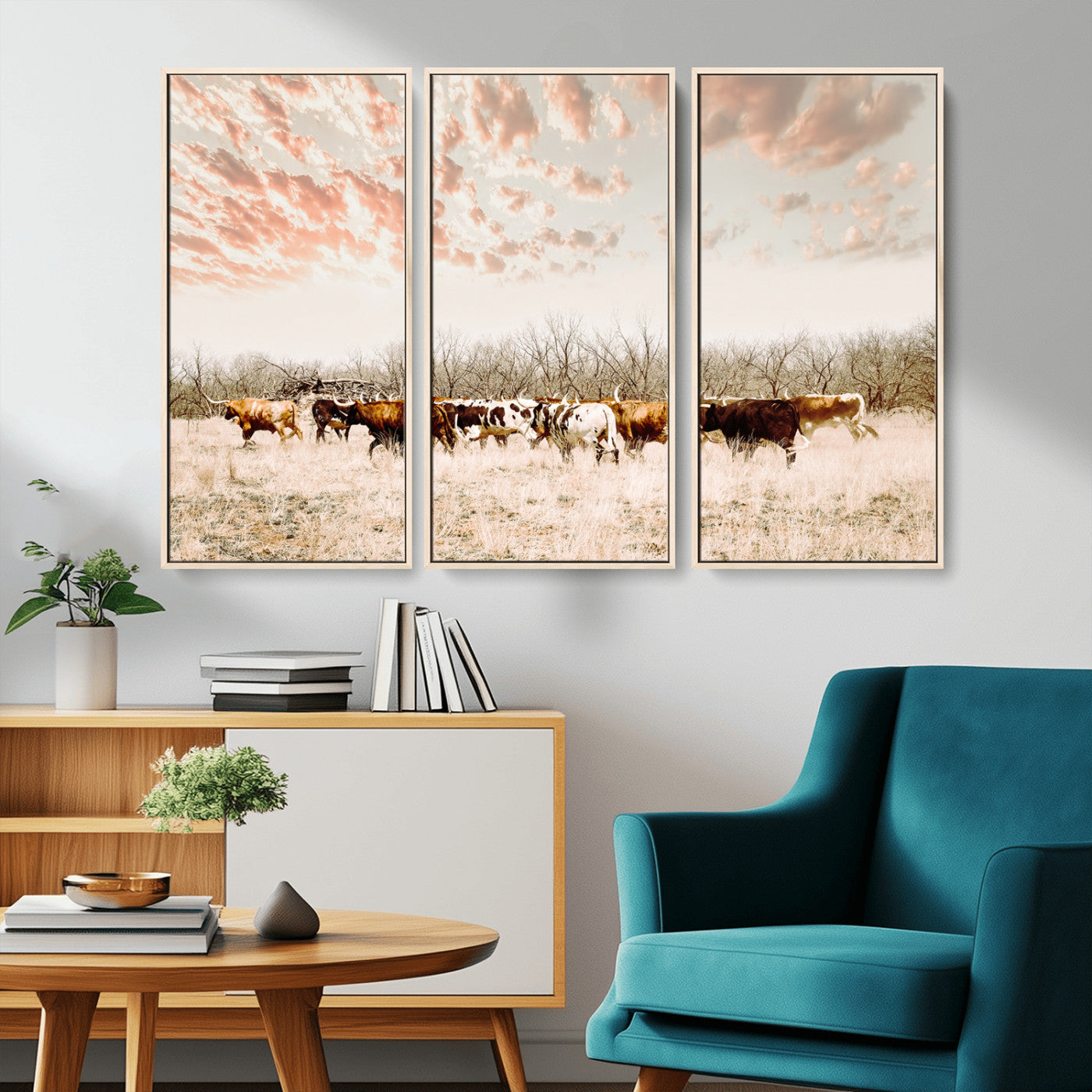 43704663-MGV-CV-36X24-Country Cow Herd Wall Art Canvas Print, Framed Farmhouse Cattle Scene Art Picture Print, Rustic Ranch Decor Perfect Rustic