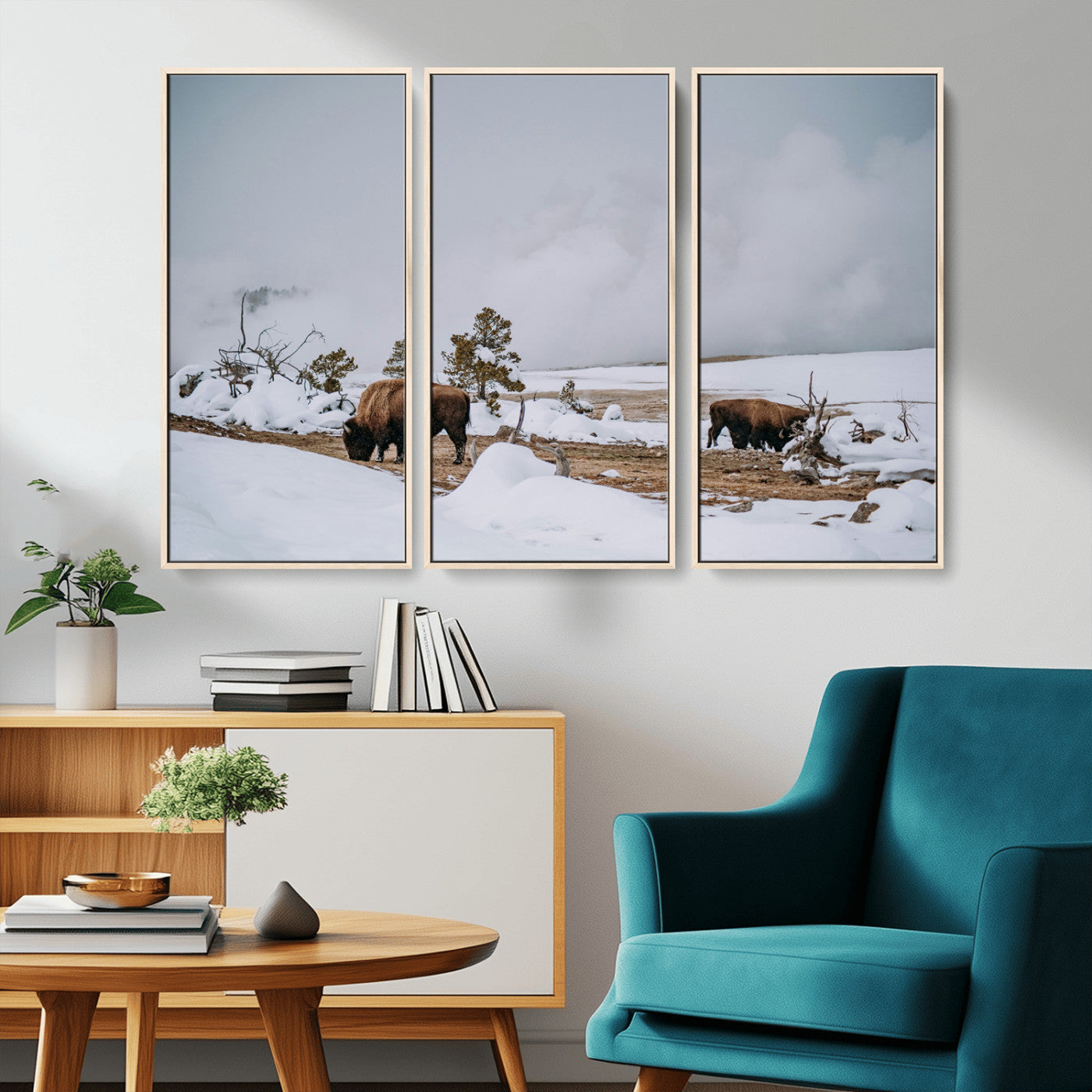 60308289-MGV-CV-36X24-Bison Wildlife Wall Art Canvas Print, Framed Snowy Prairie Art Picture Print, Western Landscape Perfect Rustic Winter Decor