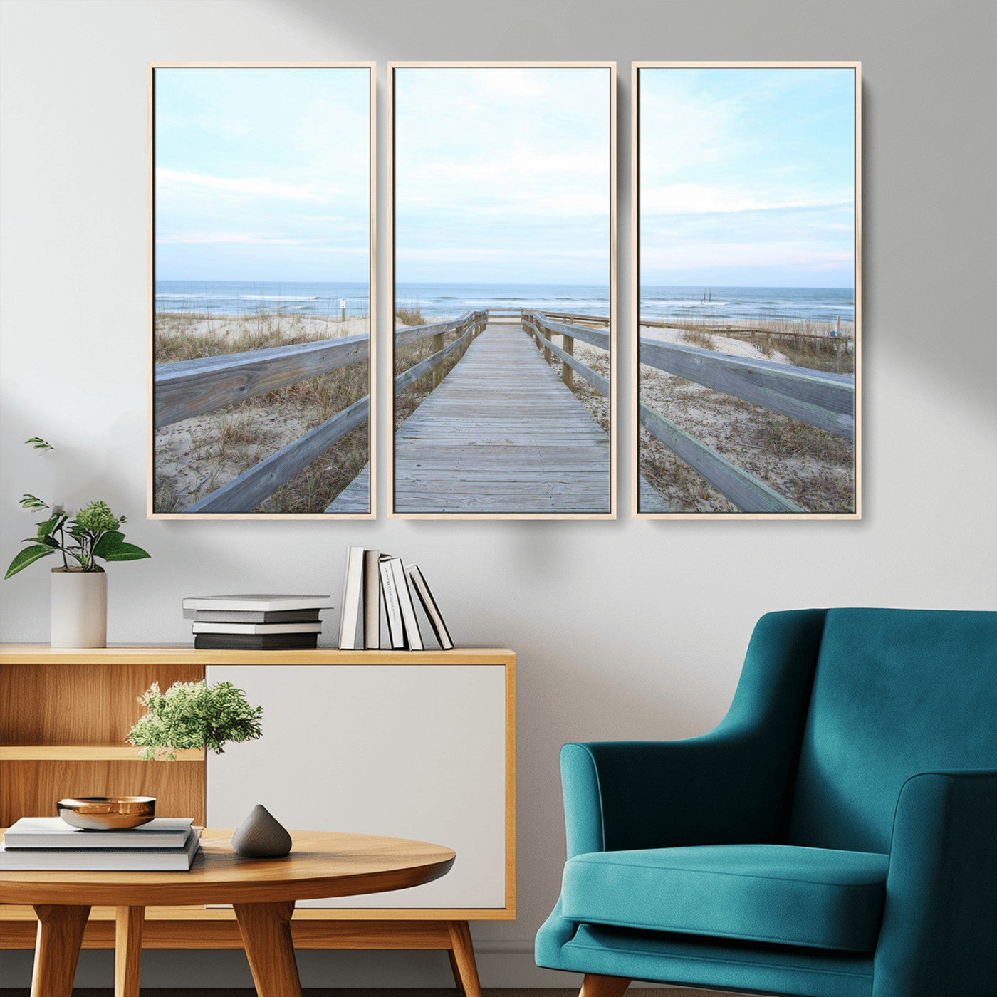 31602988-MGV-CV-36X24-Beach Boardwalk Wall Art Canvas Print, Framed Coastal Serenity Art Picture Print, Ocean View Perfect Coastal Minimalist Decor