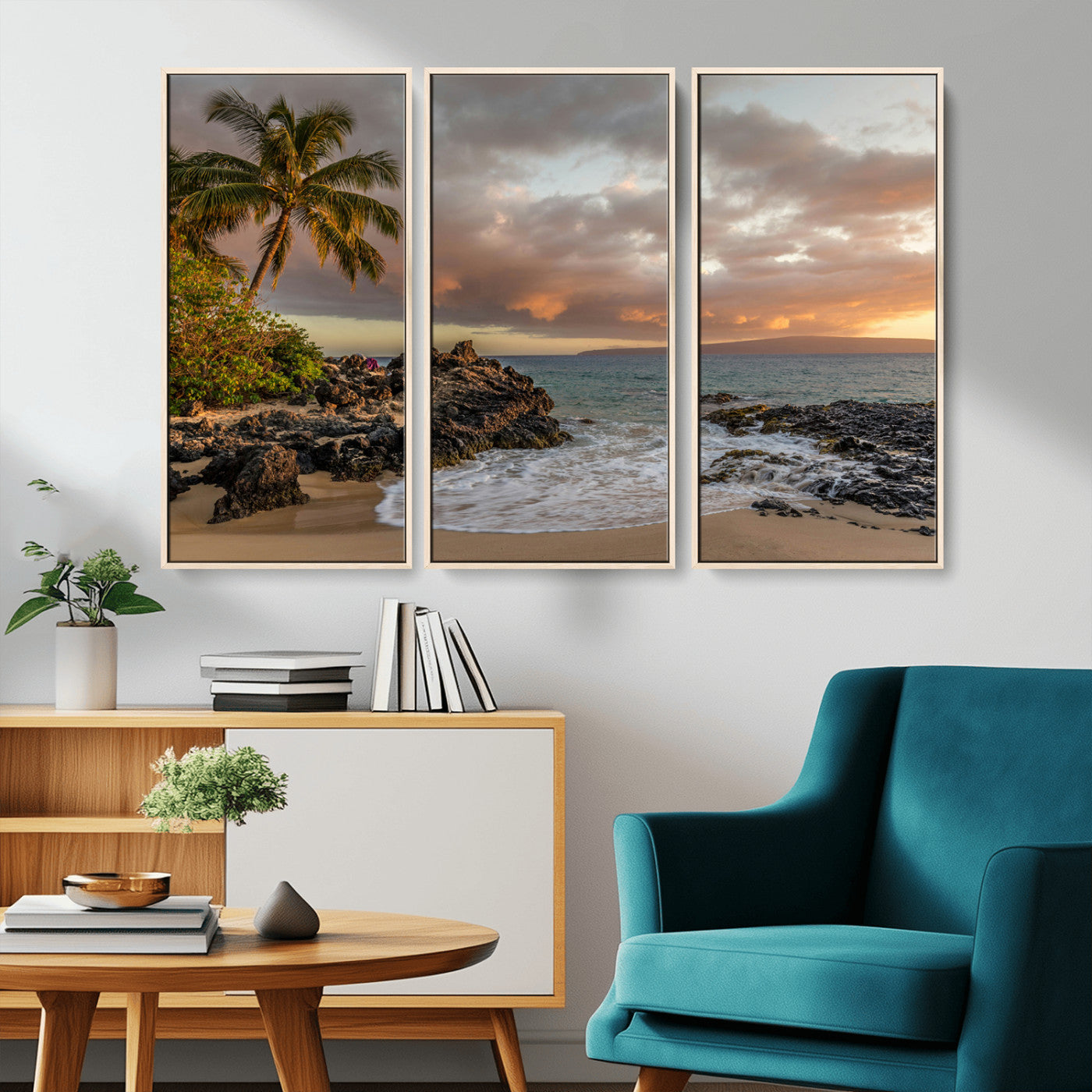 55108220-MGV-CV-36X24-Tropical Beach Wall Art Canvas Print, Framed Hawaiian Sunset Art Picture Print, Ocean Waves Perfect Coastal Tropical Decor Artwork