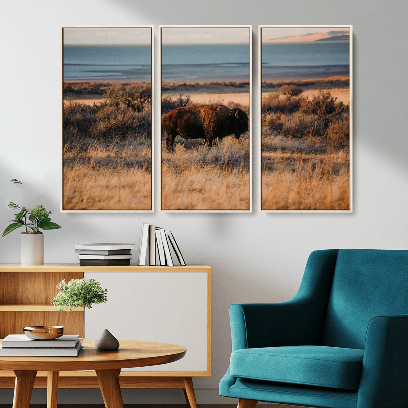 39509187-MGV-CV-36X24-Western Wildlife Wall Art Canvas Print, Framed Bison Art Picture Print, Golden Hour Perfect Western Rustic Decor Artwork