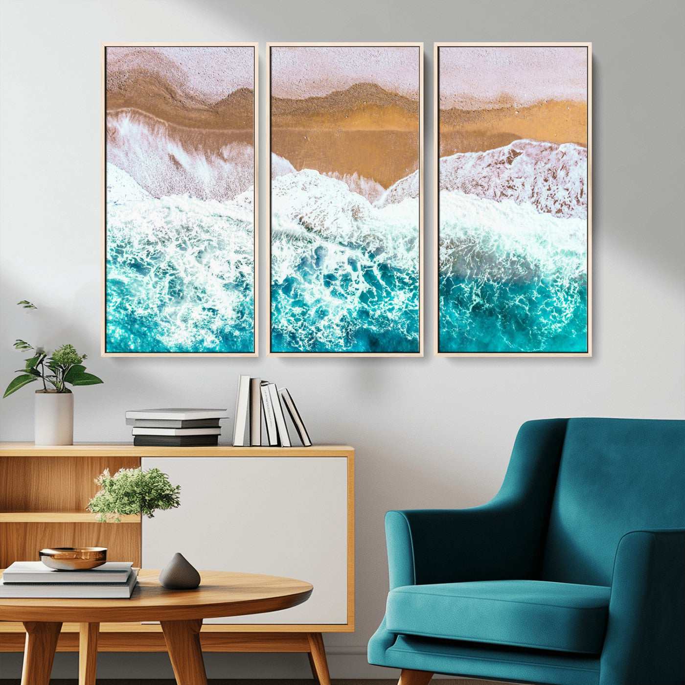 26870666-MGV-CV-36X24-Aerial Beach Wall Art Canvas Print, Framed Ocean Waves Art Picture Print, Coastal Landscape Perfect Coastal Minimalist Decor
