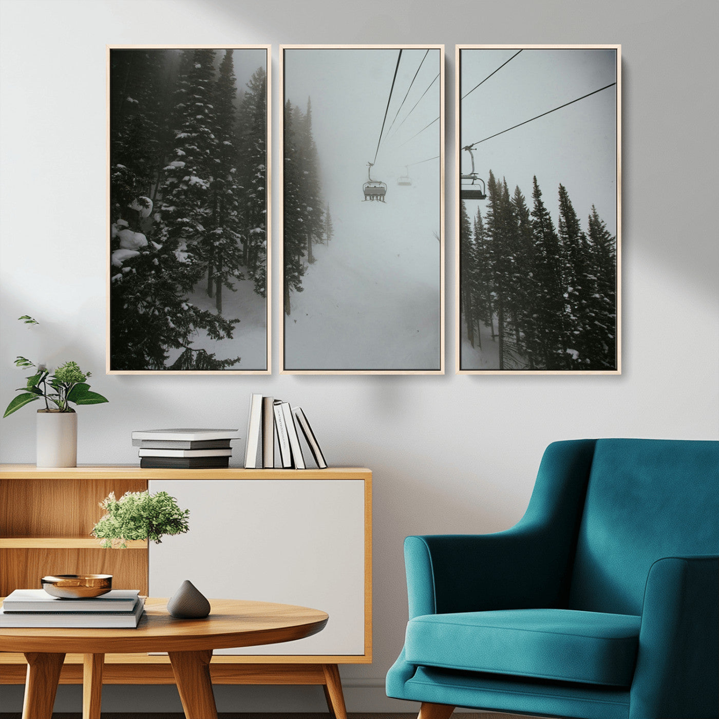 87018452-MGV-FC-48X32-3P_Natural-Ski Lift Wall Art Canvas Print, Framed Snowy Pines Art Picture Print, Misty Landscape Perfect Winter Serenity Decor Artwork