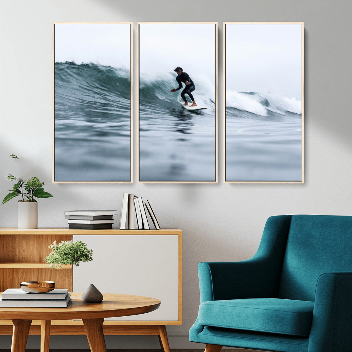 11693607-MGV-CV-36X24-Surfer on Wave Wall Art Canvas Print, Framed Ocean Adventure Art Picture Print, Motion Blur Water Perfect Coastal Adventure Decor