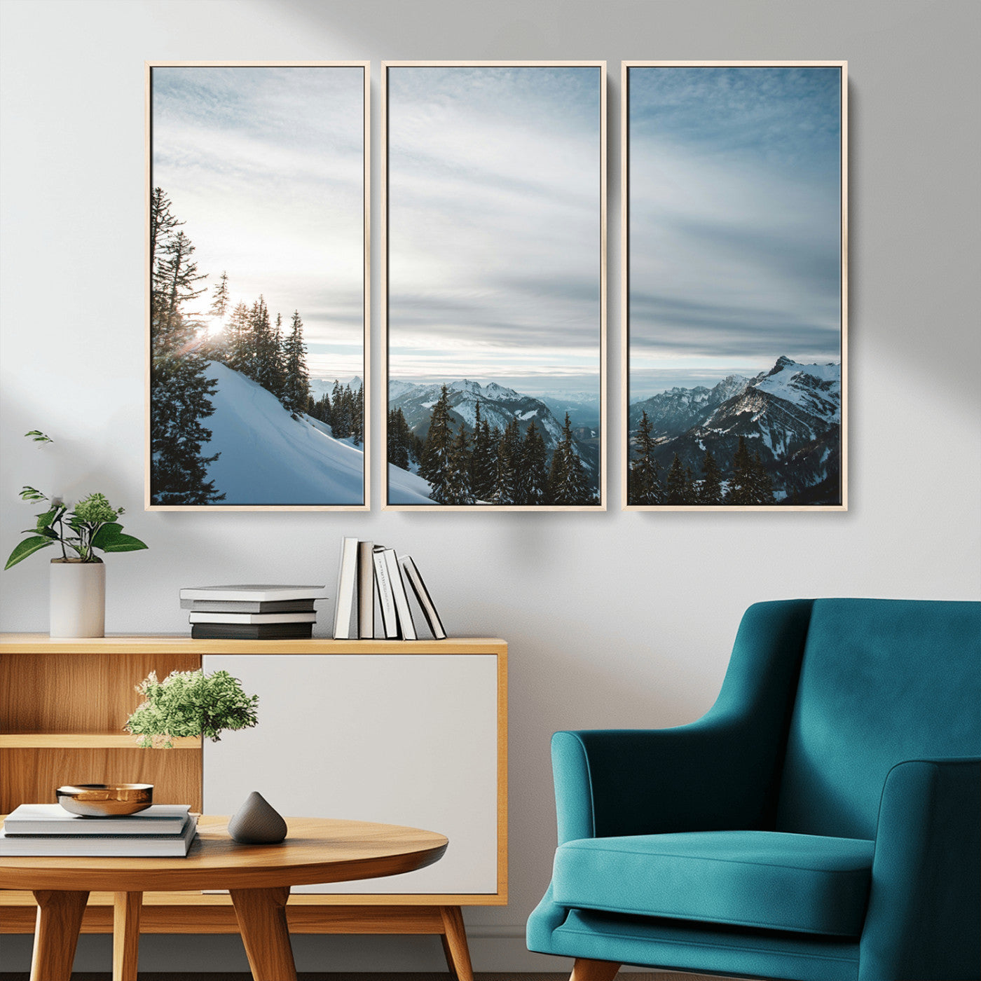55564749-MGV-CV-36X24-Snowy Mountains Wall Art Canvas Print, Framed Alpine Landscape Art Picture Print, Frosty Peaks Perfect Nordic Minimalist Decor