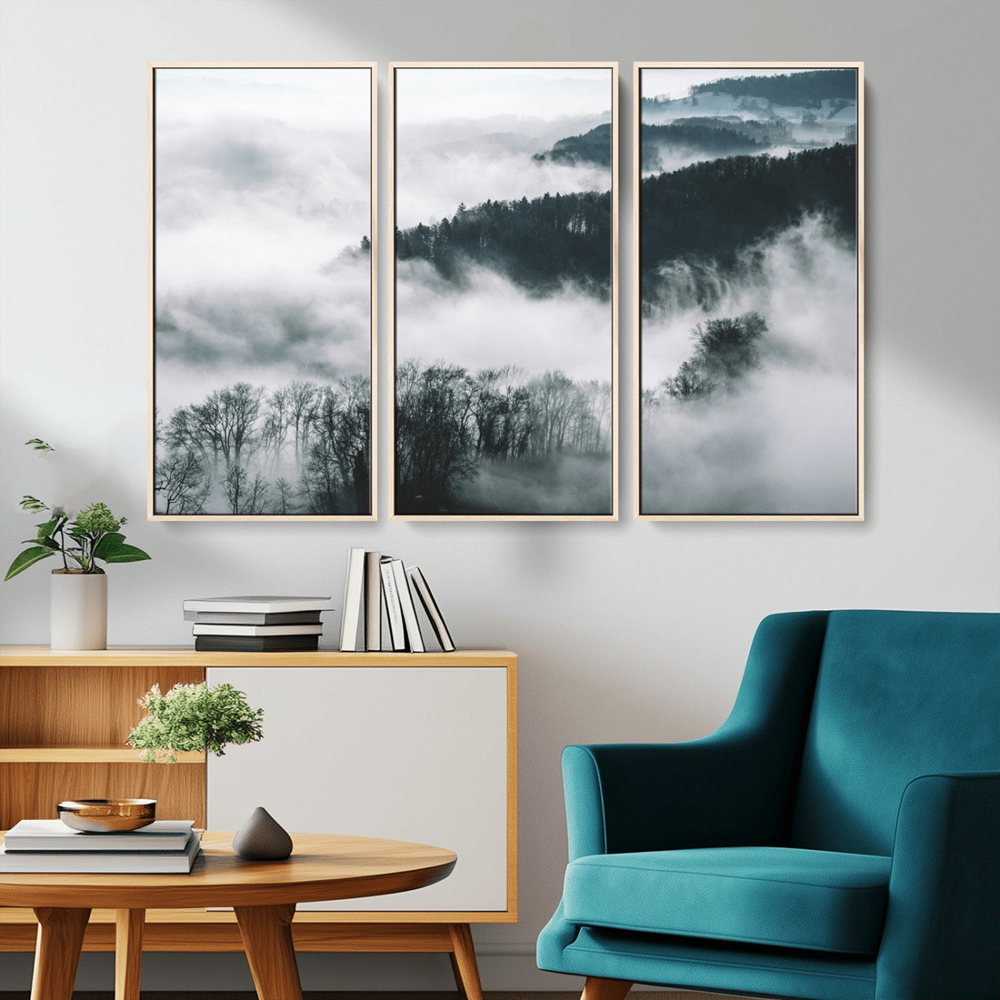 67569654-MGV-CV-36X24-Foggy Forest Wall Art – Mist Covered Hills and Trees Landscape Canvas Print, Moody Nature Photography Decor for Living Room,