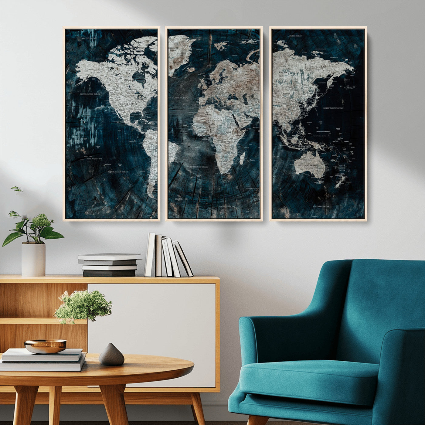 34425609-MGV-CV-36X24-World Map Wall Art – Rustic Navy and Grey Atlas Canvas Print, Distressed Explorer Map Artwork, Industrial Style Decor for Office,