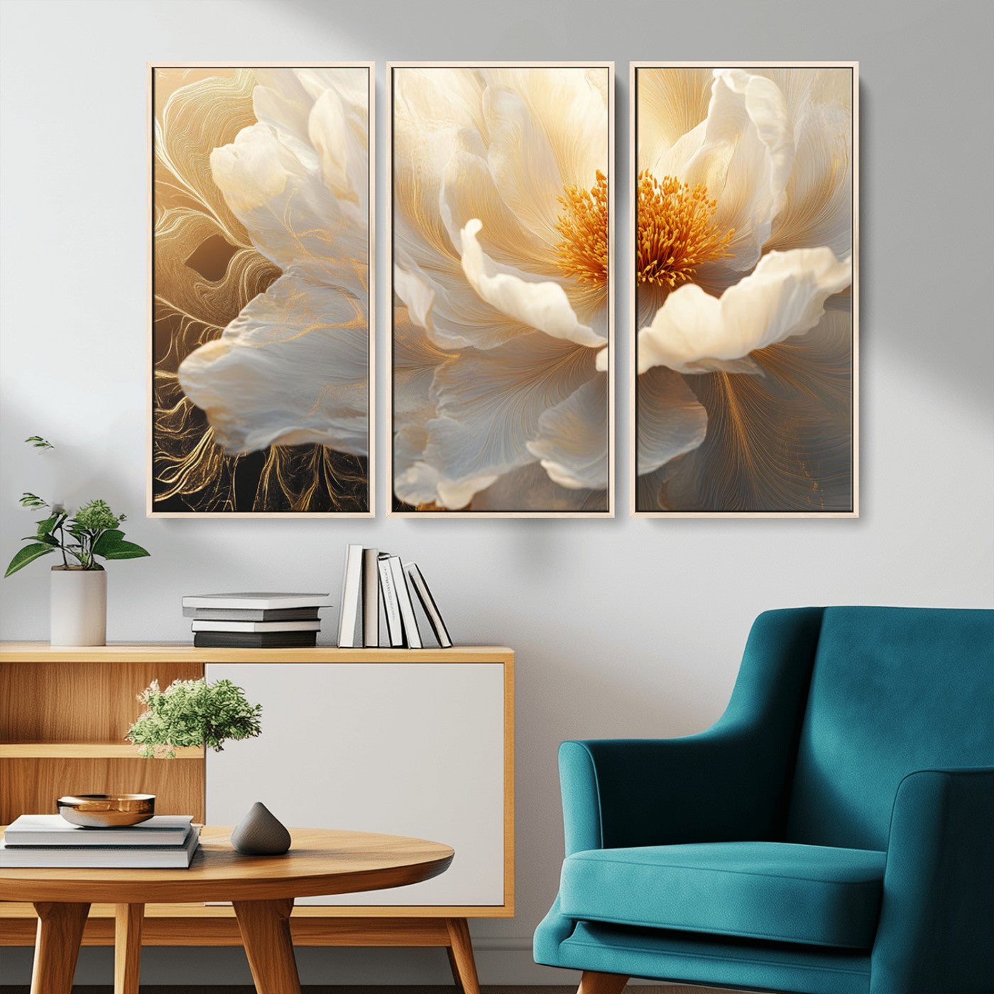29539087-MGV-CV-36X24-Floral Wall Art – Elegant White and Gold Bloom Canvas Print, Romantic Modern Flower Artwork for Bedroom, Living Room, or Office