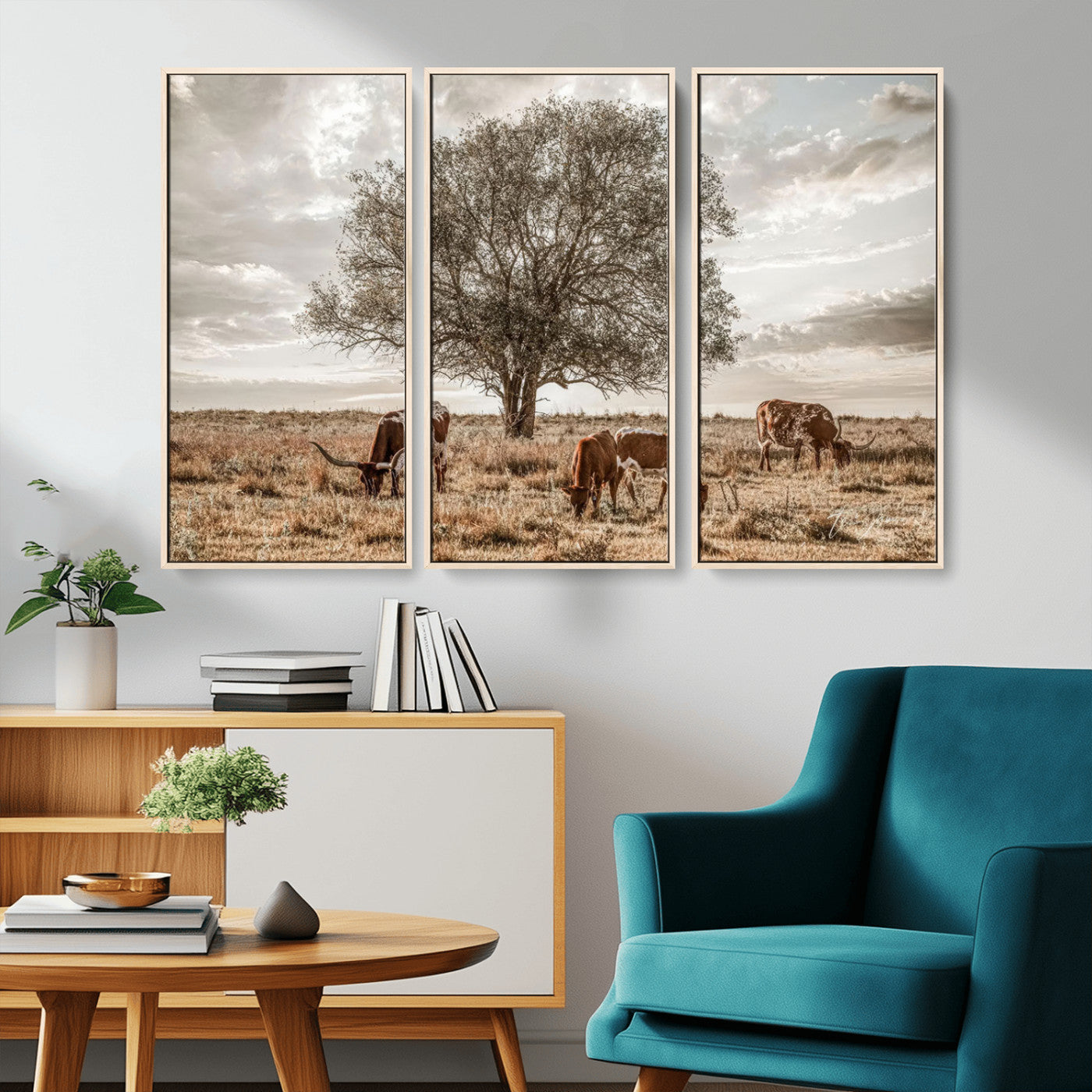 87590224-MGV-CV-36X24-Longhorn Cattle Wall Art – Rustic Western Landscape Canvas Print, Texas Farmhouse Prairie Scene for Living Room, Office, or Ranch