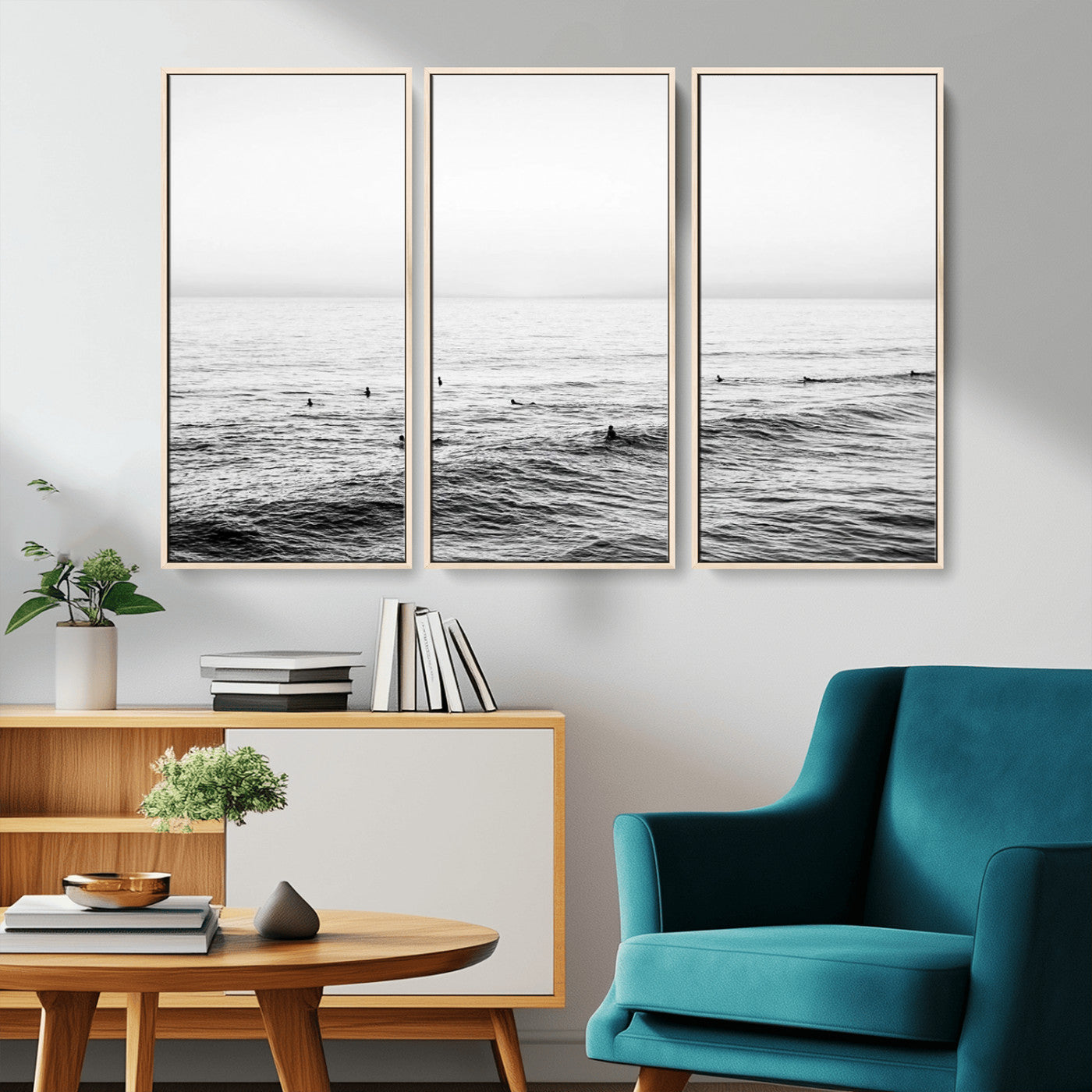 47208268-MGV-CV-36X24-Surfer Ocean Wall Art – Black and White Coastal Canvas Print, Minimalist Surfing Seascape Decor for Living Room, Bedroom, or Beach