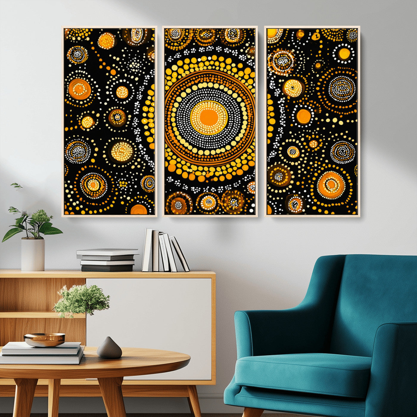 45478523-MGV-FC-48X32-3P_Natural-Abstract Circle Wall Art – Bold Black and Gold Dot Painting Canvas Print, Modern Geometric Mandala Style Decor for Living Room or