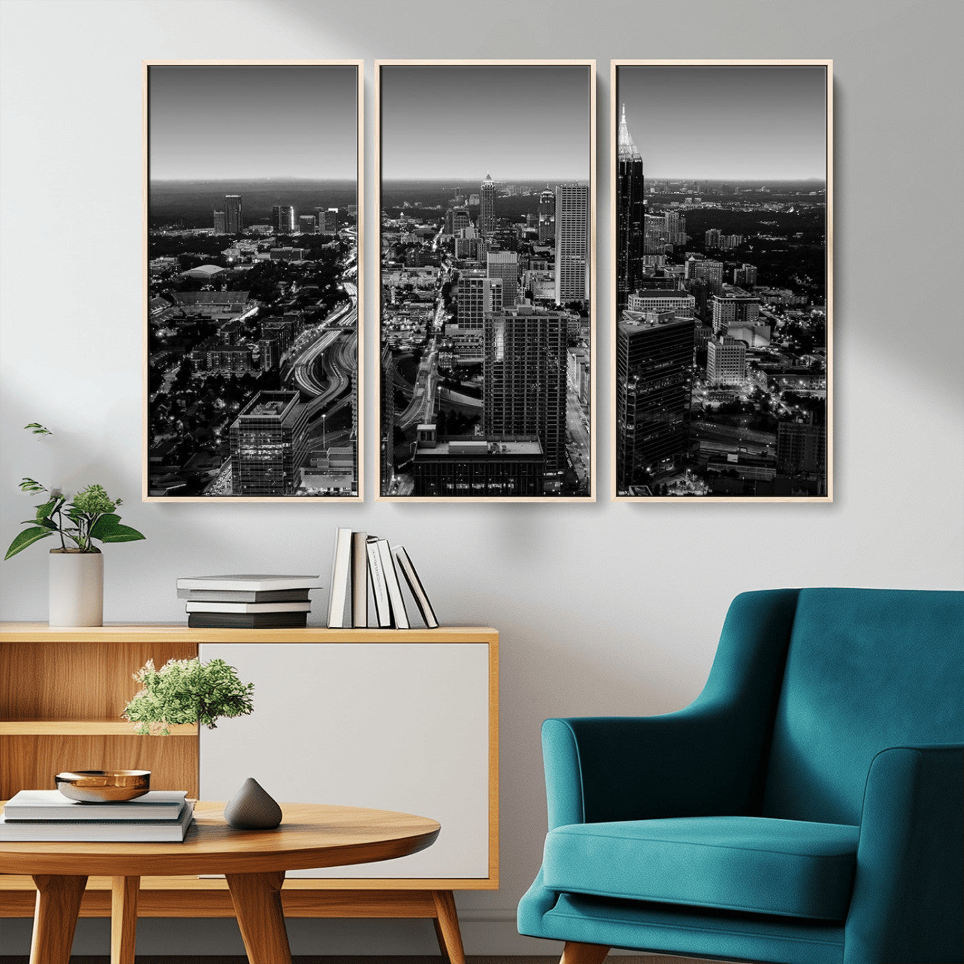 46578567-MGV-CV-36X24-Atlanta Skyline Wall Art – Black and White Cityscape Canvas Print, Modern Urban Night Decor for Office, Living Room, or Apartment
