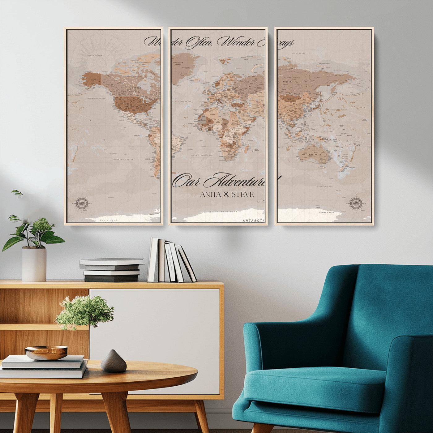95243244-MGV-FC-48X32-3P_Natural-Wander Often Wonder Always World Map Wall Art – Neutral Beige Adventure Canvas Print, Rustic Boho Travel Decor for Bedroom, Living