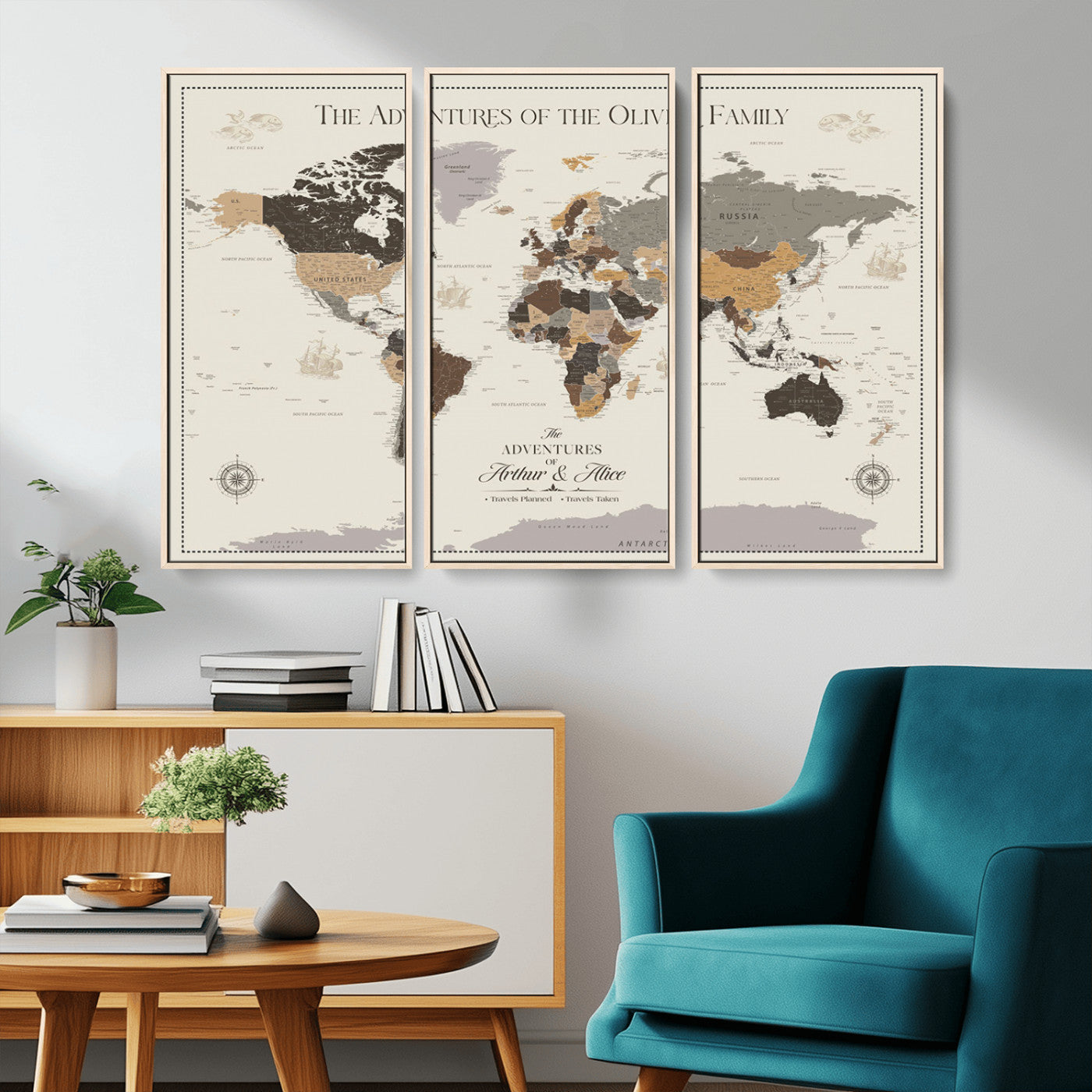 38723540-MGV-CV-36X24-Adventures of the Oliver Family Wall Art – Earth Tone World Map Canvas Print, Minimalist Travel Decor for Living Room, Bedroom or