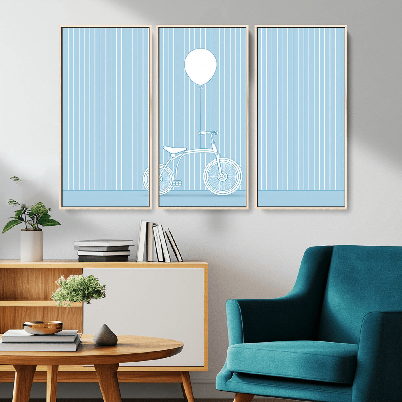 56479838-MGV-CV-36X24-Bicycle Wall Art – Minimalist Blue Canvas Print with Balloon Illustration, Modern Decor Artwork for Kids Room, Nursery, or Living