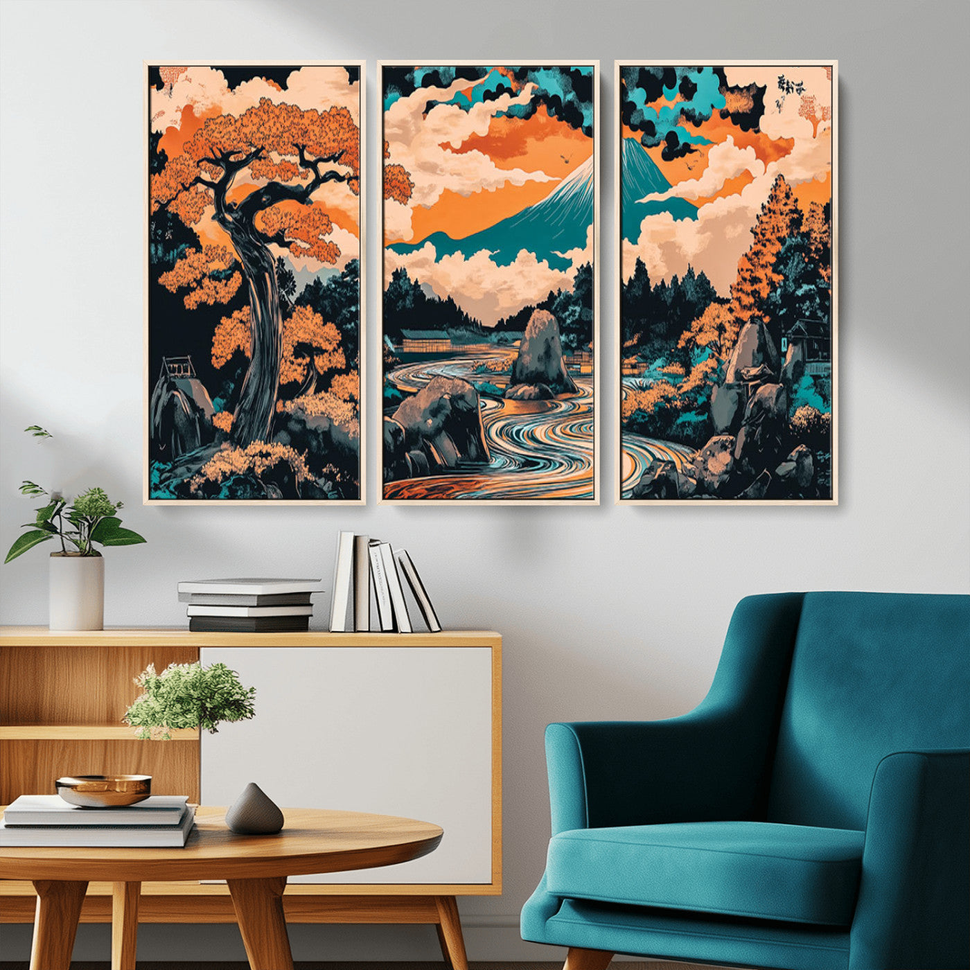 21638941-MGV-CV-36X24-Japanese Landscape Wall Art – Mount Fuji and Flowing River Ukiyo-e Style Canvas Print, Traditional Japan Inspired Artwork for
