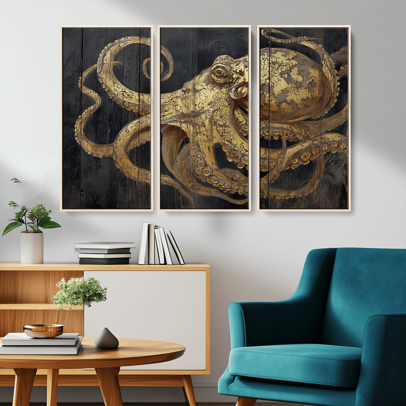 47056538-MGV-CV-36X24-Octopus Canvas Wall Art – Gold Detail, Wooden Texture, Marine Life, Ocean Creature Tentacles, Nautical Coastal Rustic Decor for