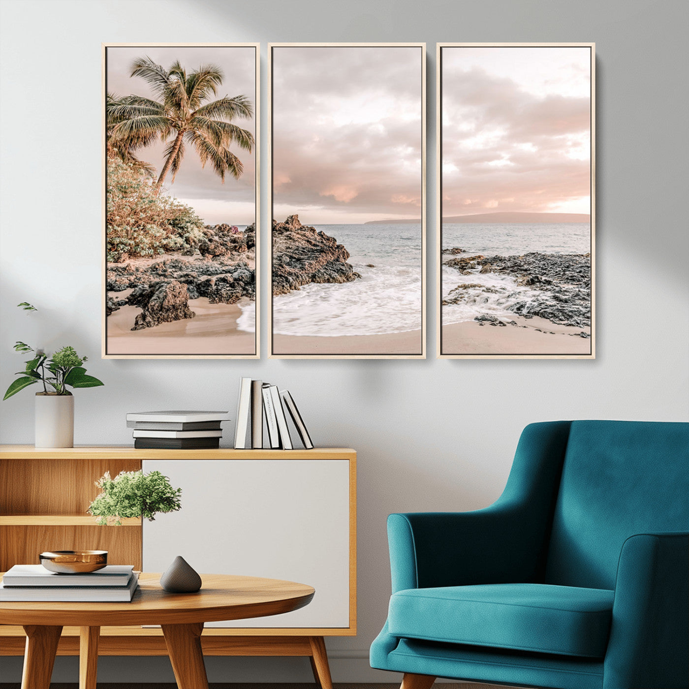 18005328-MGV-CV-36X24-Tropical Beach Wall Art – Coastal Ocean Canvas Print with Palm Tree, Sunset Sky and Rocky Shore, Serene Seascape Photography for