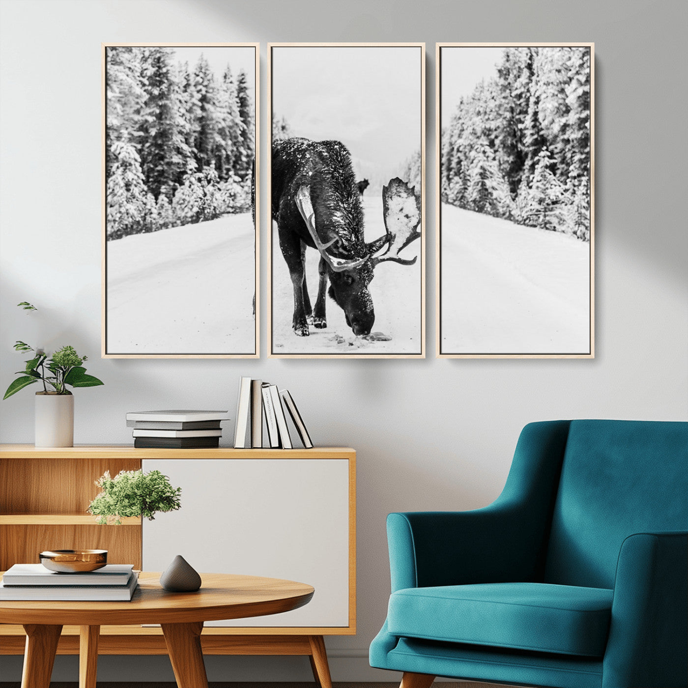 38956835-MGV-CV-36X24-Moose Winter Snowy Forest Canvas Wall Art – Wildlife Nature, Antlers in Frozen Landscape, Quiet Path, Cold Season Outdoors Print