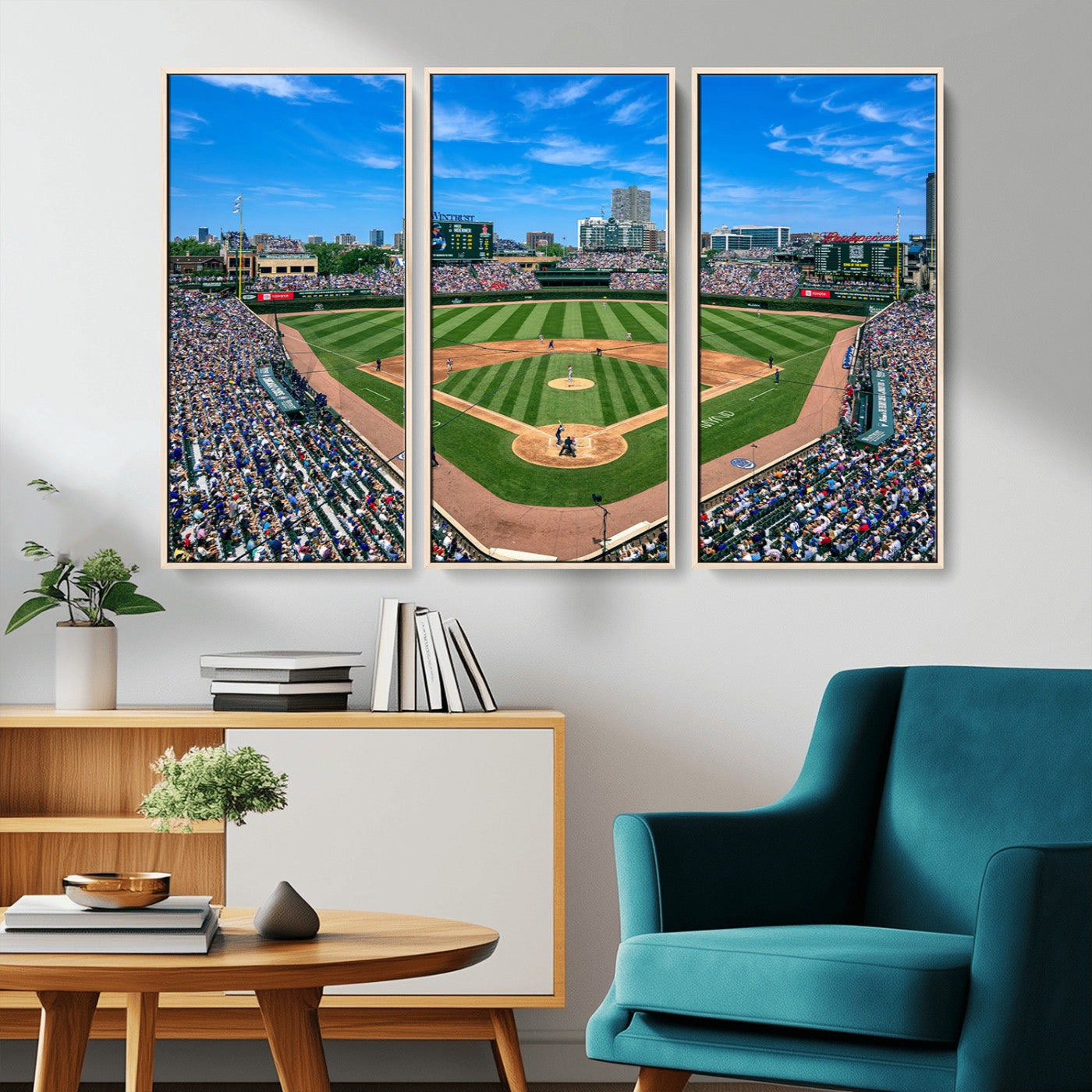 56213978-MGV-CV-36X24-Wrigley Field Baseball Stadium Canvas Wall Art – Packed Crowd Sports Stadium Print, City Skyline Baseball Field Canvas for Game
