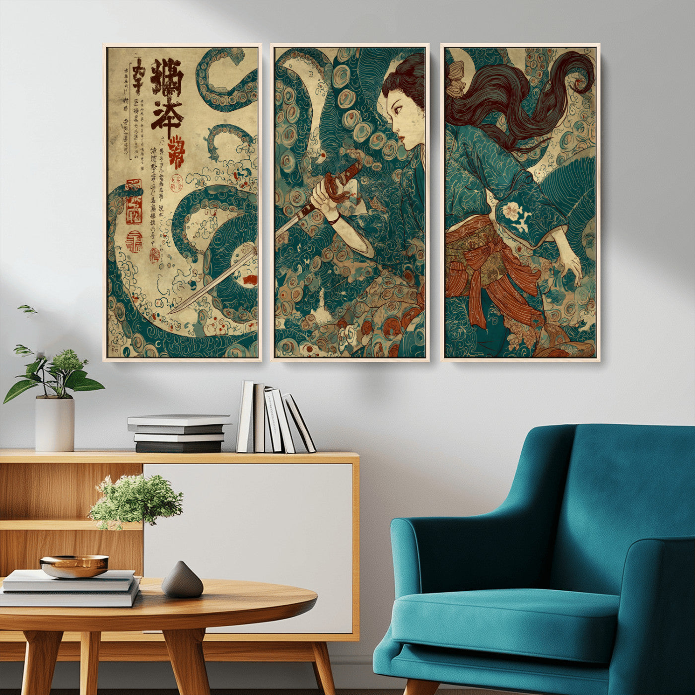 46837670-MGV-CV-36X24-Tsukioka Yoshitoshi Samurai Wall Art Print, Japanese Katana Warrior Canvas Wall Art, Octopus Sea Monster Canvas Print,