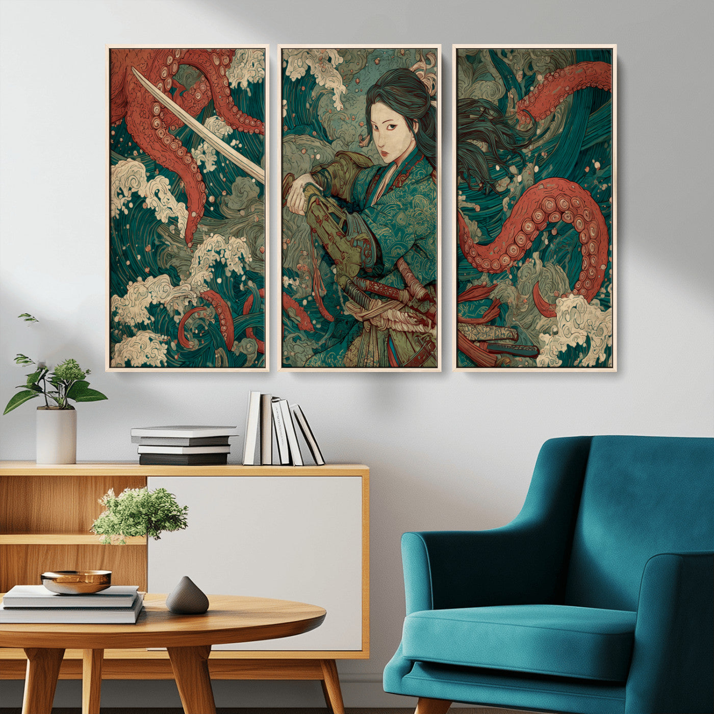 35461724-MGV-CV-36X24-Samurai Woman vs Octopus Wall Art – Japanese Ukiyo-e Ocean Waves Canvas Print, Red Tentacle Battle Artwork for Living Room,