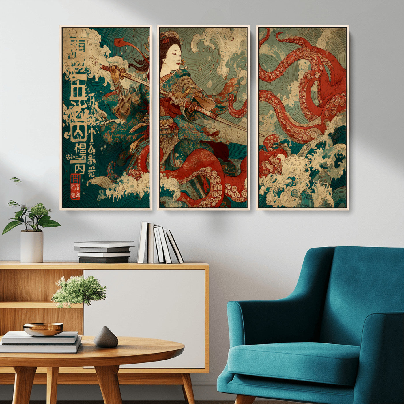 60201267-MGV-CV-36X24-Samurai Woman vs Octopus Wall Art – Japanese Ukiyo-e Armor Canvas Print, Red Tentacle Ocean Battle Artwork for Living Room,