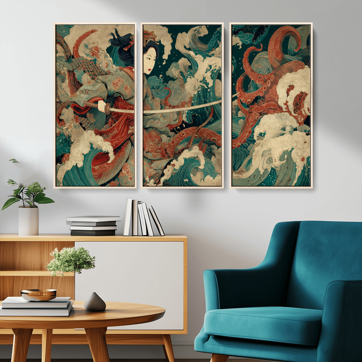 30212982-MGV-CV-36X24-Samurai Woman vs Octopus Wall Art – Japanese Ukiyo-e Style Warrior and Sea Monster Canvas Print, Mythology Inspired Artwork for
