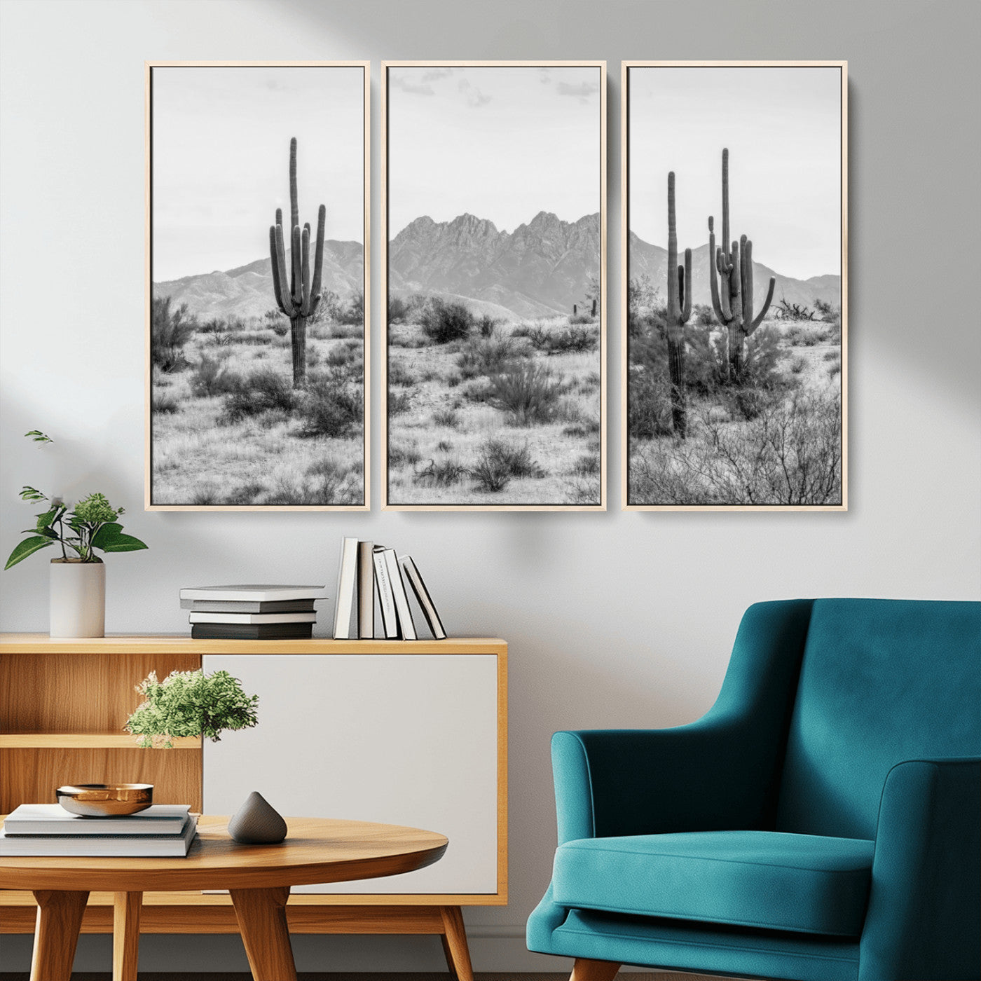 97436PHN-MGV-CV-36X24-Desert Landscape Wall Art – Black and White Cactus and Mountain Canvas Print, Southwestern Nature Photography for Living Room,