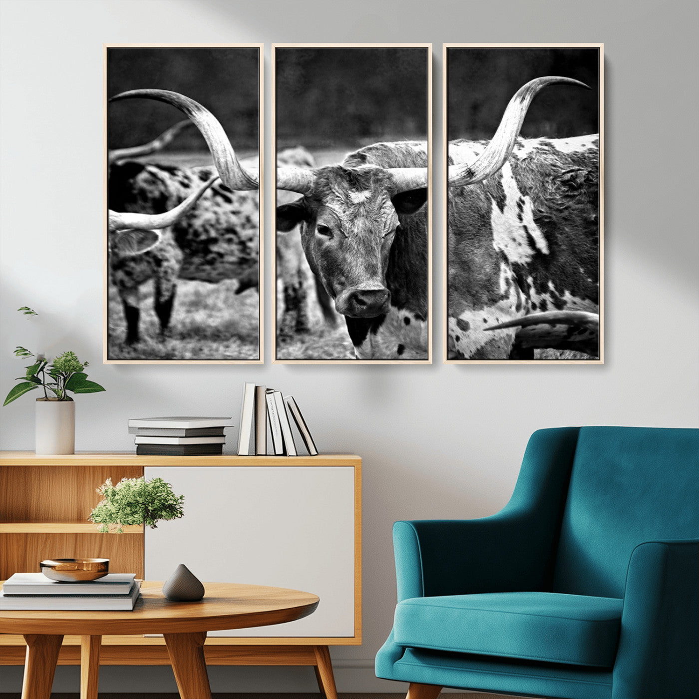 15425553-MGV-CV-36X24-Western Wall Art – Longhorn Cattle Black and White Canvas Print, Rustic Ranch Photography Decor for Bedroom, Living Room, Office,