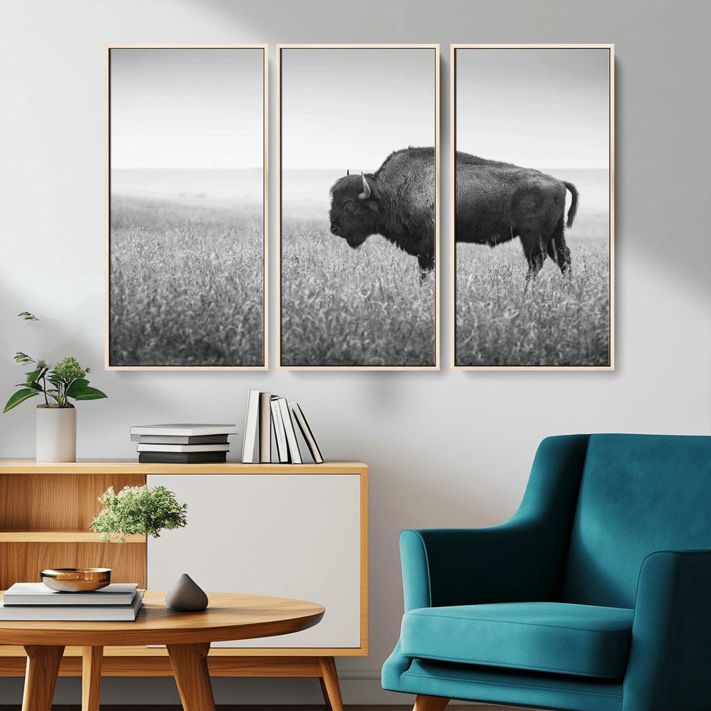 90861202-MGV-CV-36X24-Black and White Bison Canvas Wall Art – Rustic American Buffalo Print, Western Wildlife Photography for Farmhouse, Cabin, Office