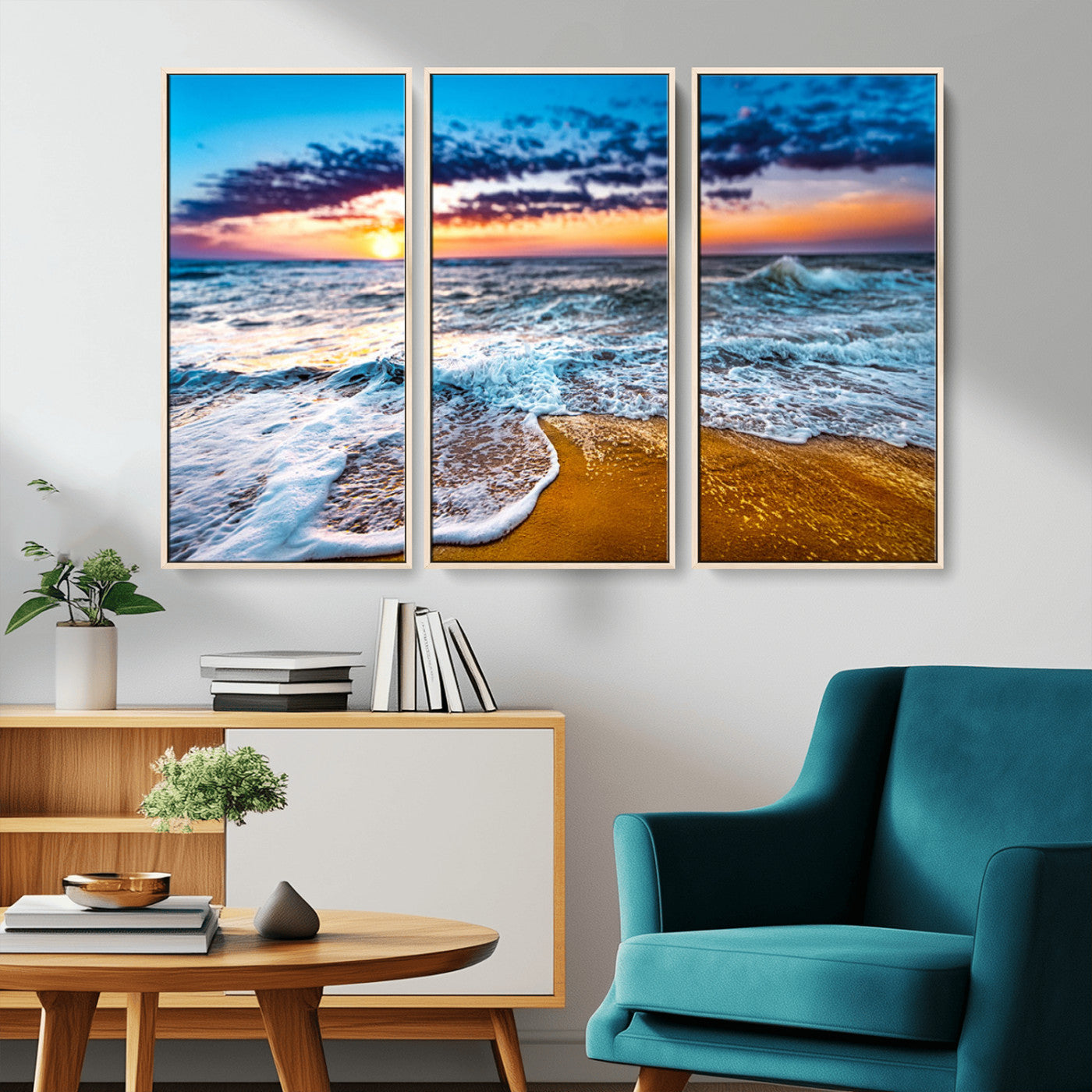 24077769-MGV-CV-36X24-Sunset Beach Wall Art – Ocean Waves Canvas Print, Golden Shoreline Photography Coastal Decor for Living Room, Bedroom, Office,