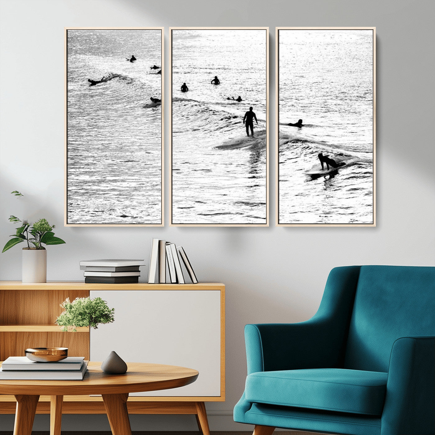 68018616-MGV-CV-36X24-Black and White Surf Photography Print – Minimalist Ocean Wall Art, Surfers Riding Waves, Coastal Beach Decor for Modern Home or
