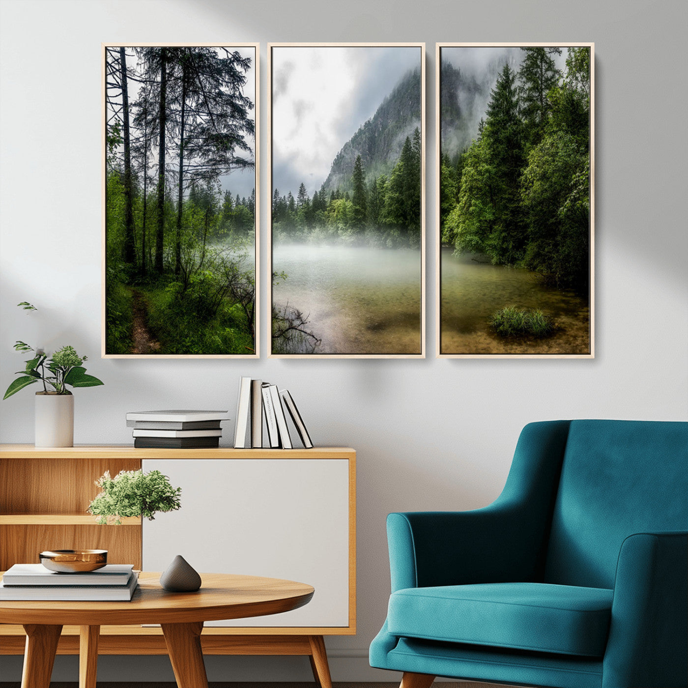 93123937-MGV-CV-36X24-Landscape Wall Art – Misty Mountain Lake Canvas Print, Tranquil Forest and Waterfall Photography Decor for Bedroom, Living Room,