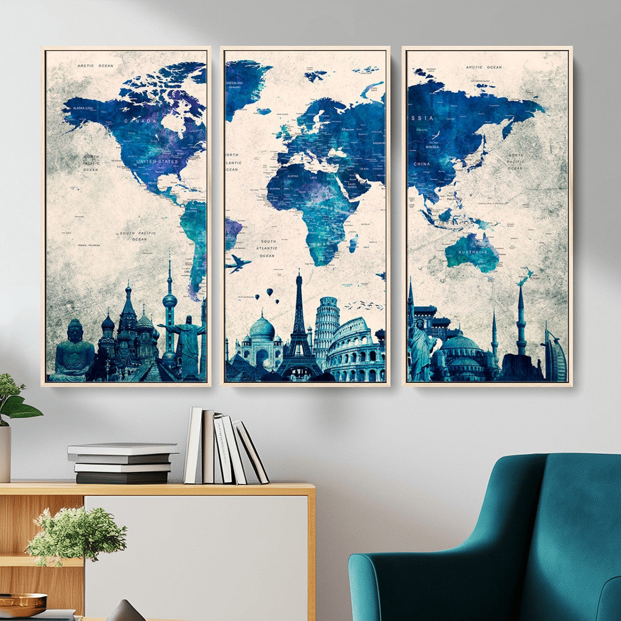 MGV-FC-48X32-3P - Blue World Map Wall Art Canvas Print, Framed Iconic Landmarks Art Picture Print, Blue Globe Map Perfect Elegant Explorer Decor Artwork