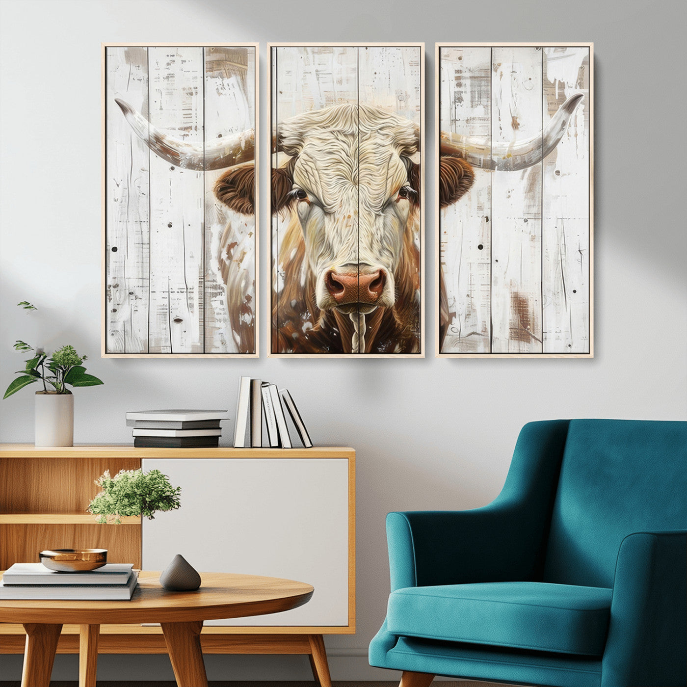 10840-MGV-FC-48X32-3P_Natural-Texas Longhorn Wall Art Canvas Print, Framed Rustic Bull Art Picture Print, Western Cattle Perfect Rustic Western Decor Artwork